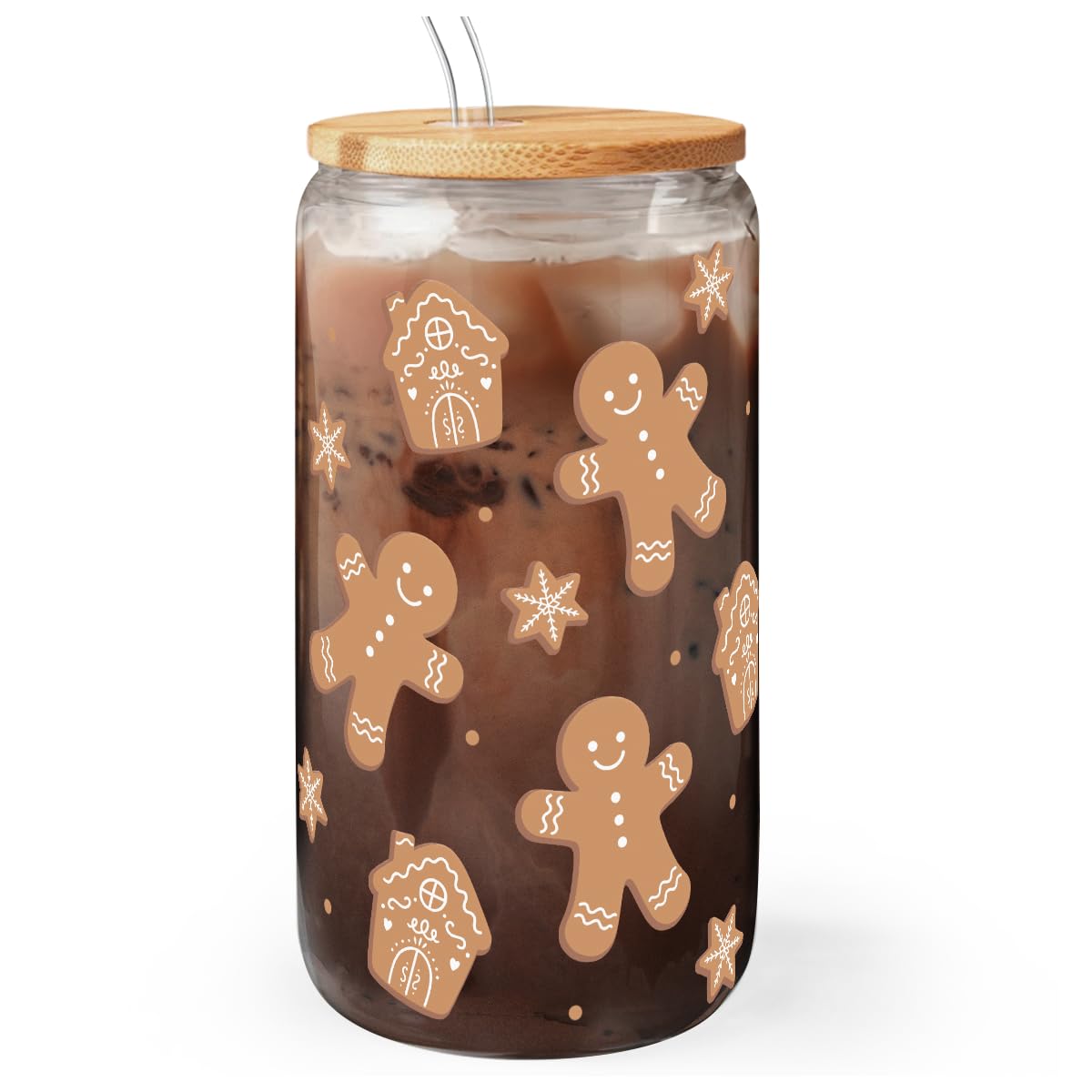 Gingerbread Christmas 16oz Can Glass Tumbler with Bamboo Lid & Straw - Iced Coffee Cup for Women Girls, Aesthetic Cups Gifts for