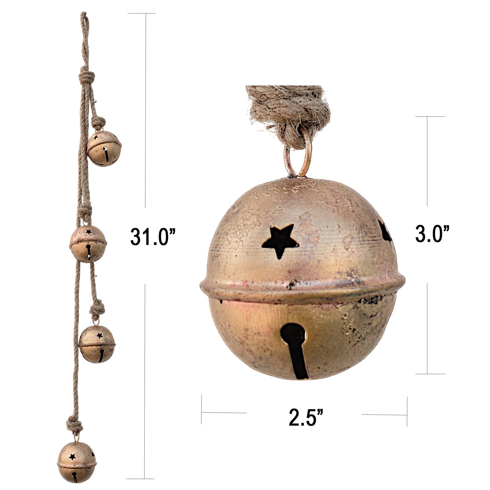 Christmas Sleigh Bells, Hanging Bells Vintage Cowbell Brass Gold Rustic Harmony Metal Jingle Bells Cluster, Tree Bells on Jute R
