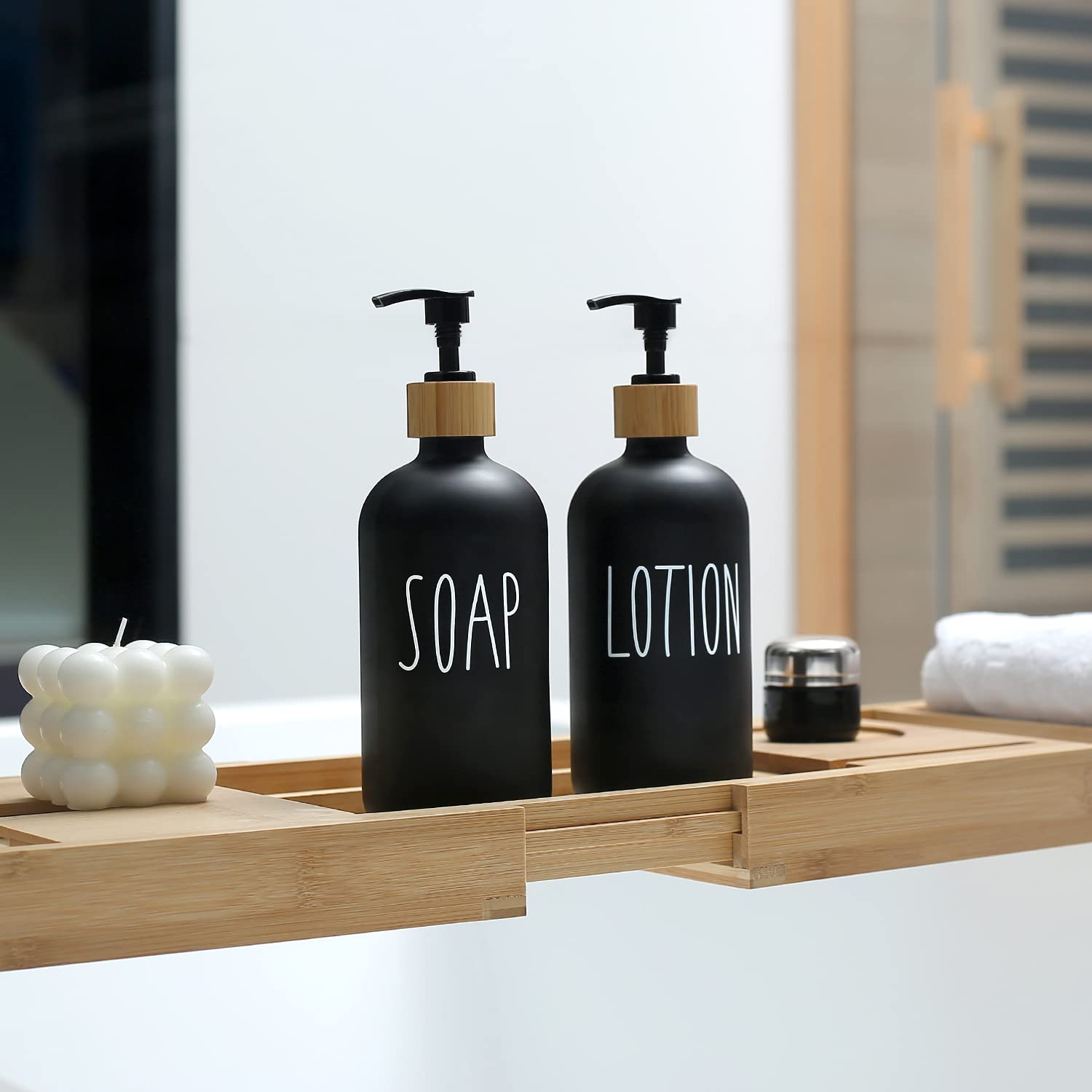 Momeemo Black Soap Dispenser Bathroom Set, Set With Glass Dispenser, Bamboo Pumps & Tray. Hand And Lotion Suitable For Farmhouse