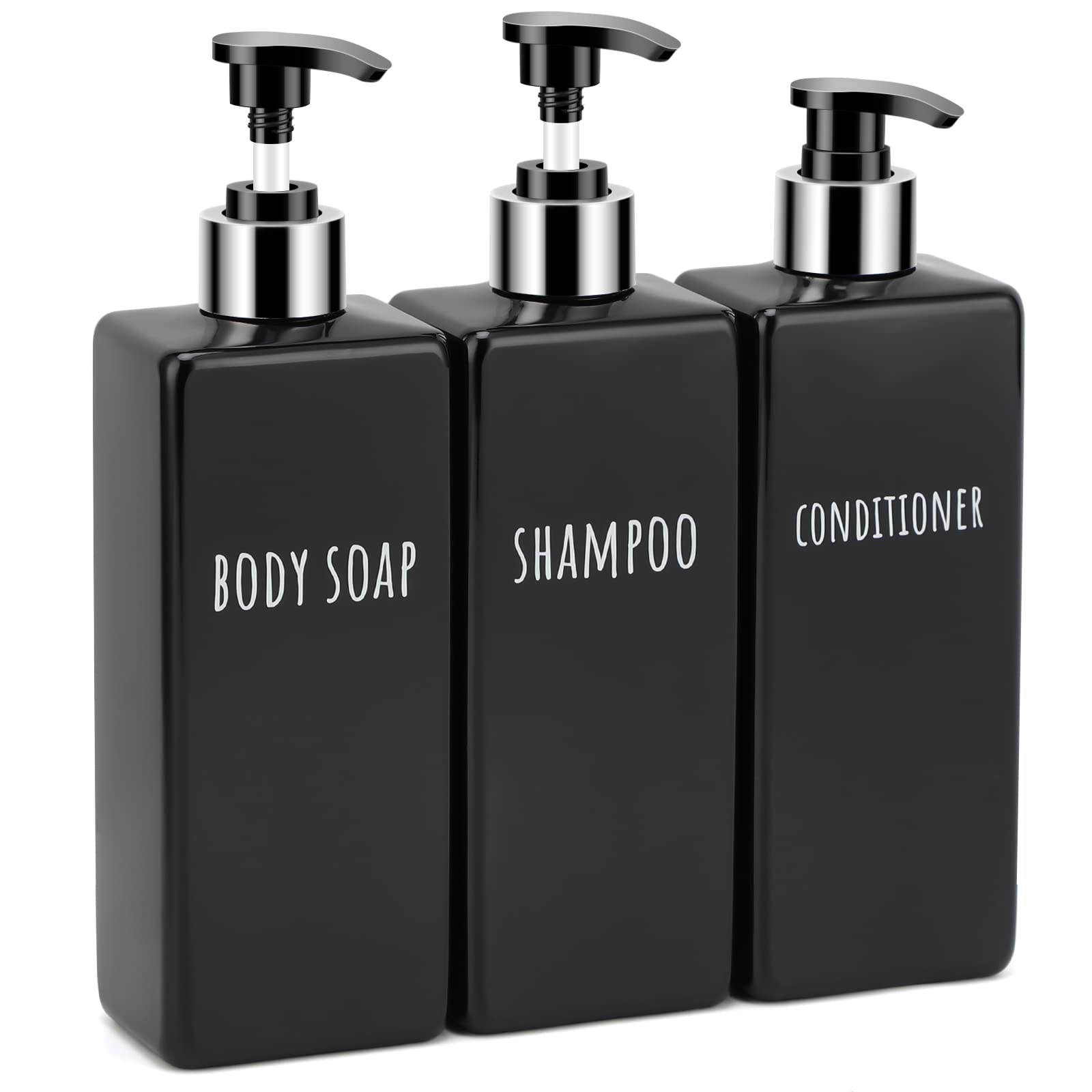 Segbeauty Shower Soap Dispenser Black, 3Pcs 16.9Oz Empty Refillable Bathroom Press Pump Bottles, 500Ml Reusable Plastic Square S