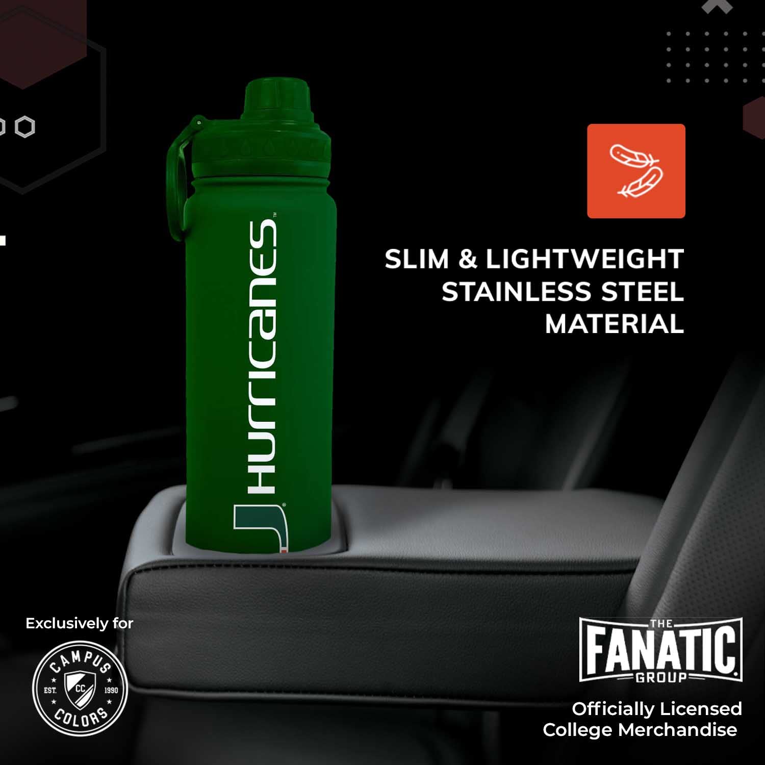 Stainless Steel Vacuum Sealed Sport College Water Bottle, Twist-On Cap, Built-In Handle For Hot Or Cold Drinks, 24 Oz (Miami Hur