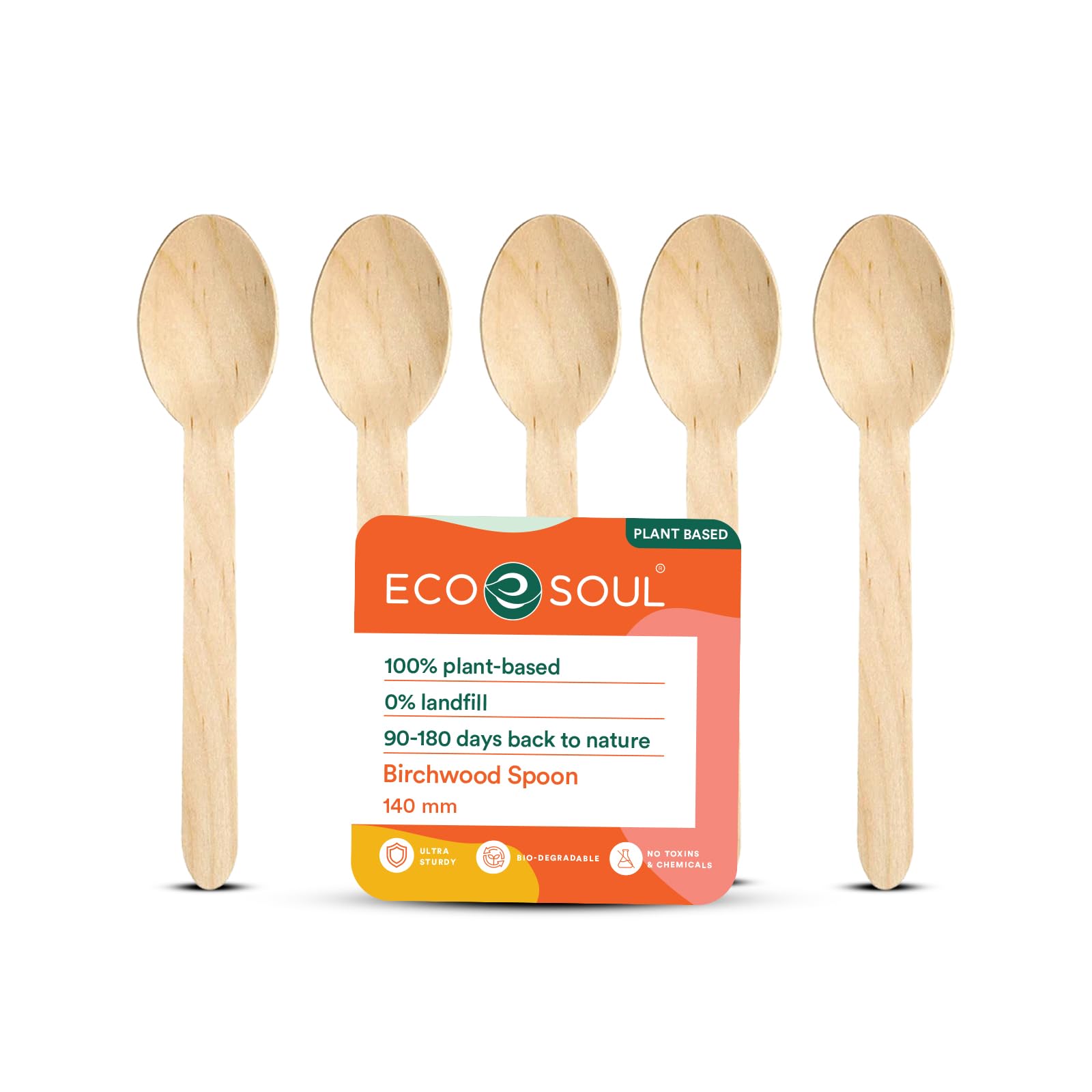 ECO SOUL [140mm, 100 Pack] Disposable Spoons | Wooden Dining Flatware | Ideal for Kids Birthday, Wedding & Party