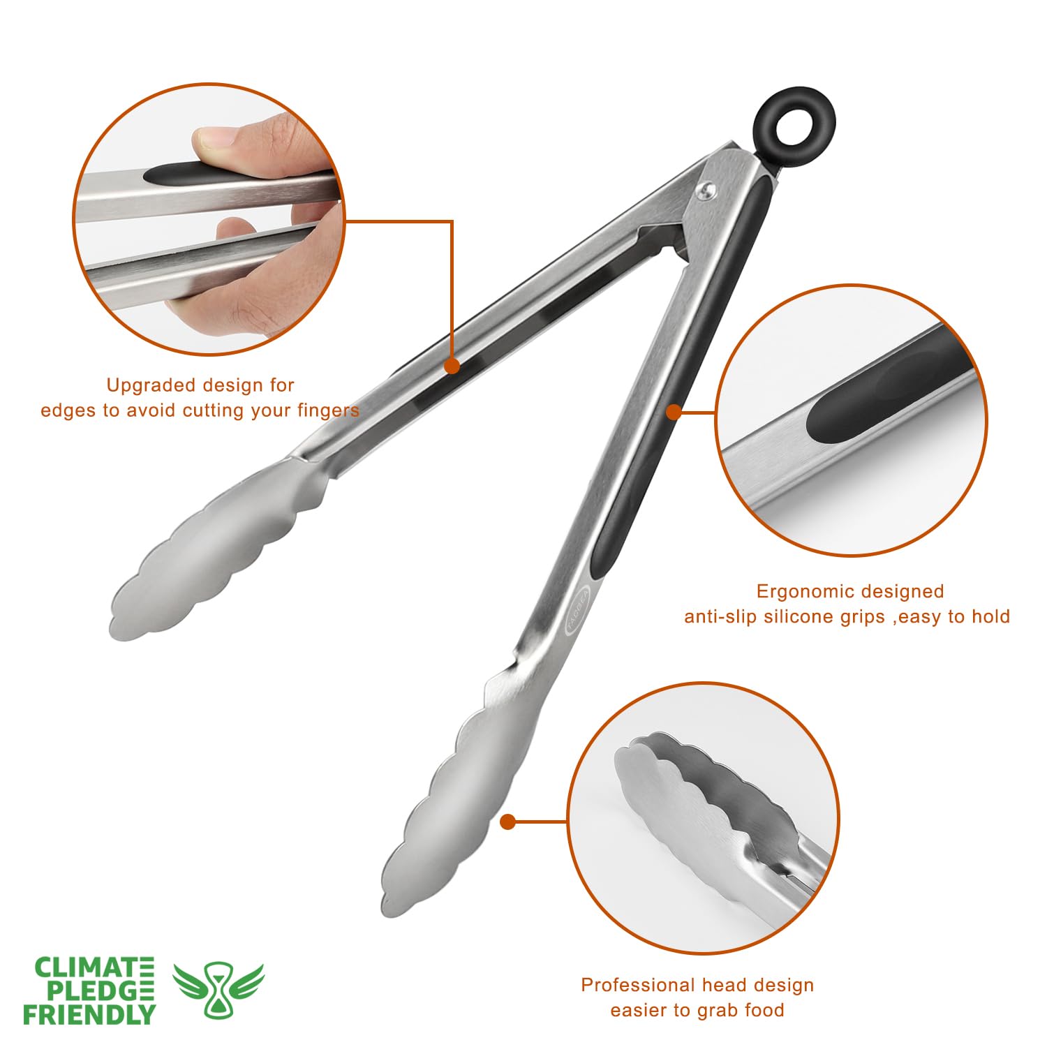 Tacgea Stainless Steel Kitchen Tongs, Silicone Non-Slip Grip, Locking Grilling Food Tongs Set Of 2, 9-Inch & 12-Inch