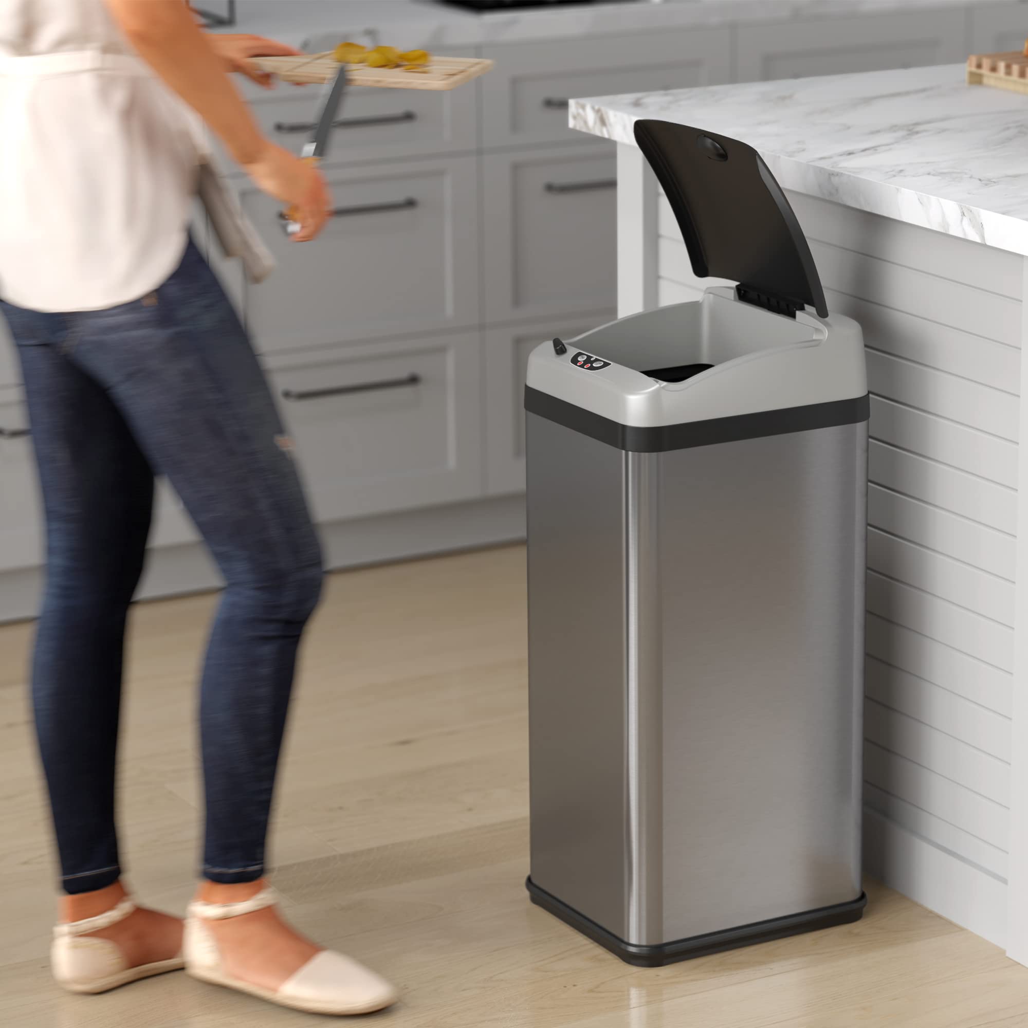 Itouchless Touchless Trash Can With Ac Adapter, 4 Odor Filters Big Lid Opening Sensor Kitchen Garbage Bin, 13 Gallon, Stainless