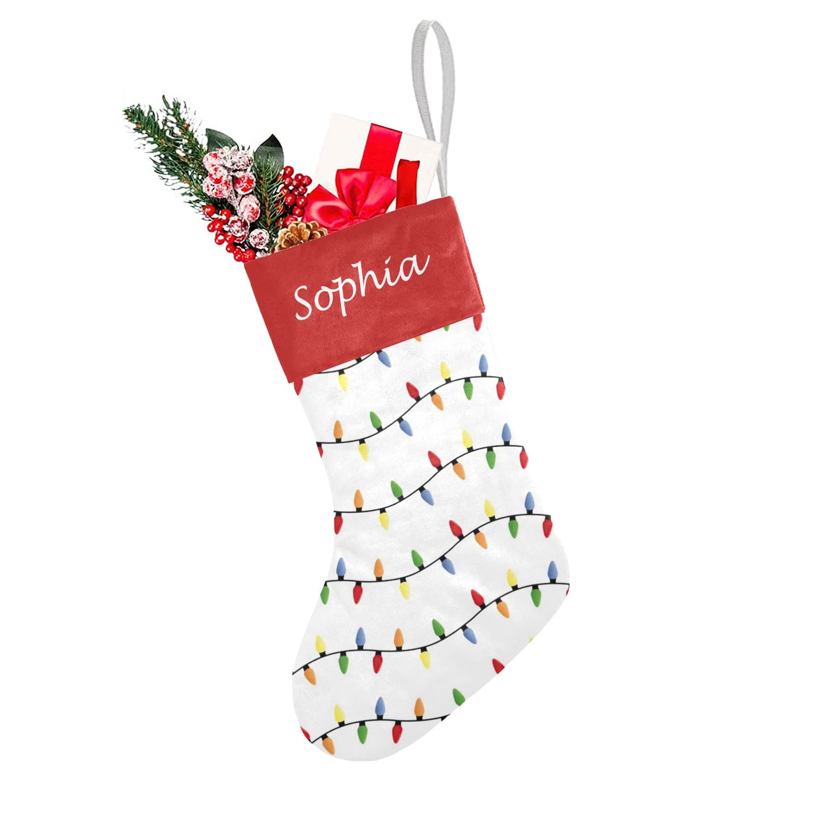 Personalized Christmas Stocking Colorful Holiday Lights Pattern Santa Socks with Name Custom for Xmas Party Decoration Gift for