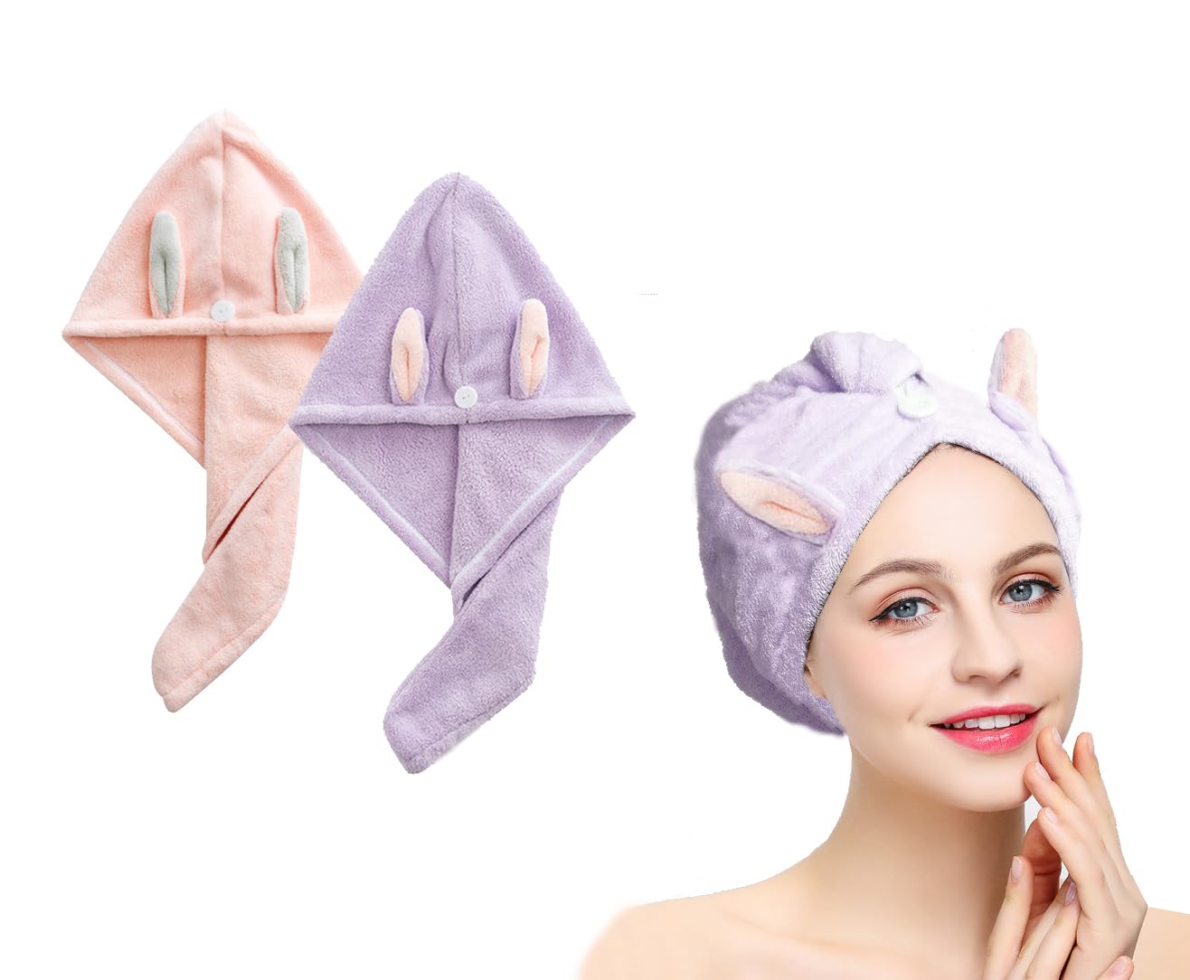 Hair Towel Wrap,(Pink+Purple) Rabbit Ears Turban 2 Pack,Microfibre Hair Towel, Super Absorbent,Hair Drying Towel with Button, Dr
