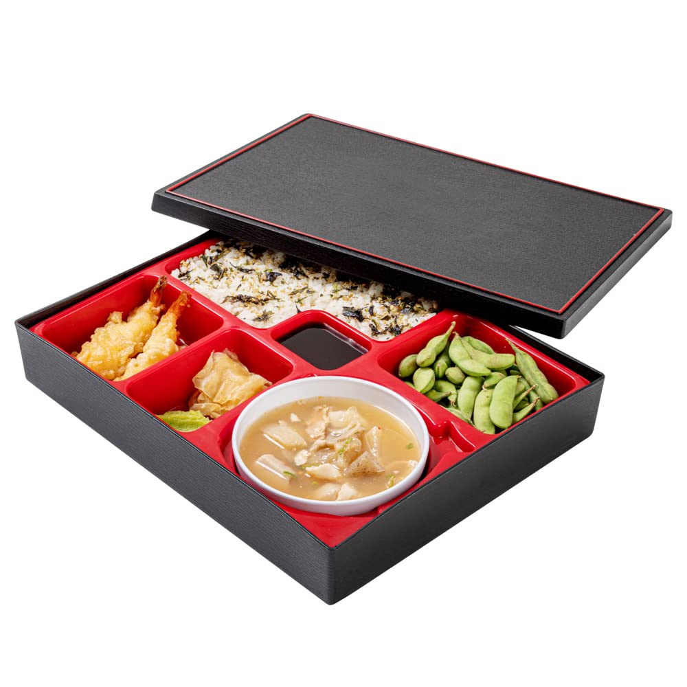 Restaurantware Bento Tek Rectangle Black & Red Large Japanese Style Bento Box - 6 Compartments, With Bowl - 12 1/4'' X 9 3/4'' X
