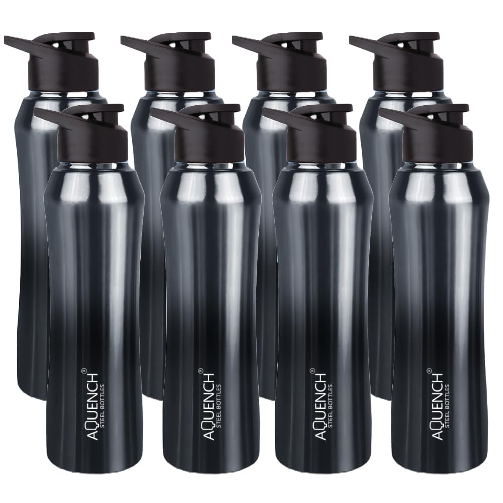 Aquench Stainless Steel Water Bottle, 1 Litre Capacity, Turquoise Gradient, Leak-Proof Sipper Cap (Pack Of 8, Black Grey)