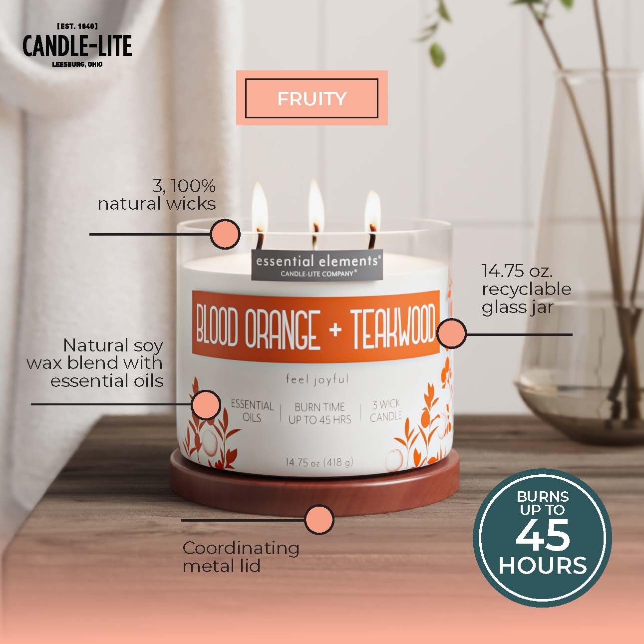 Essential Elements by Candle-lite Scented Candles, Blood Orange & Teakwood Fragrance, One 14.75 oz. Three-Wick Aromatherapy Cand