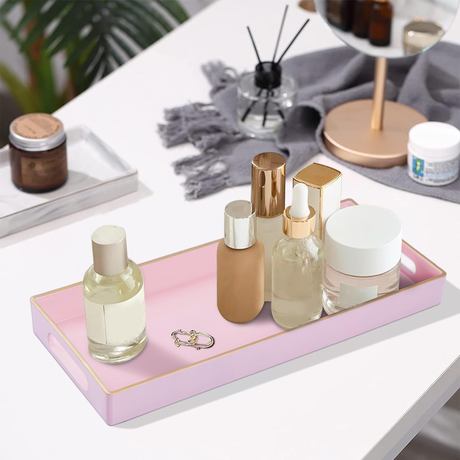Maoname Pink Vanity Tray, Bathroom Counter Tray, Decorative Tray With Handles, Storage Dresser Tray Organizer For Perfume, Jewel