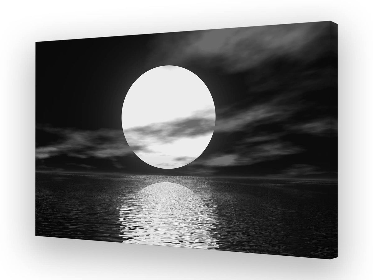 Cao Gen Decor Art S06469 Wall Art Canvas Sea White Full Moon In Night Picture Canvas Poster Print Black And White Ocean For Livi