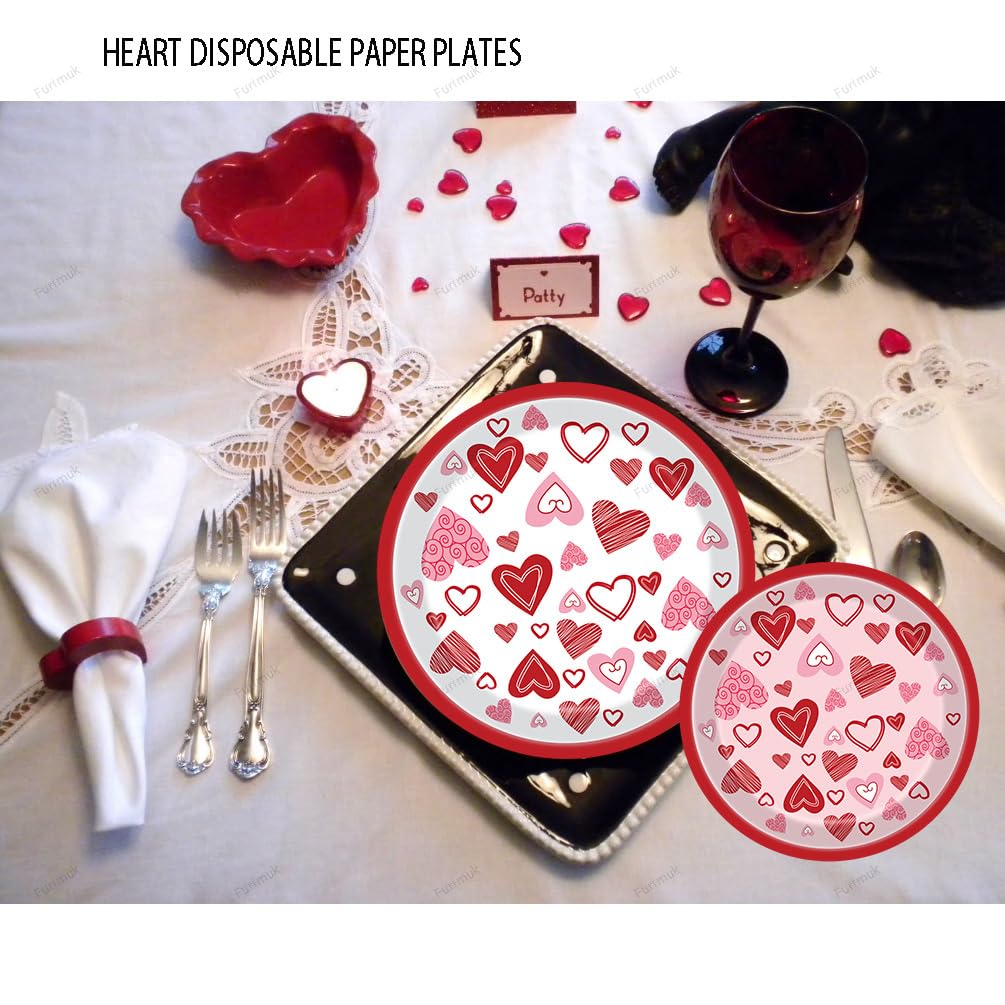 Furimuk Valentine'S Day Disposable Paper Plates Heart Love Print Dessert Plates For Valentine'S Wedding Memorial Day Bachelor Pa