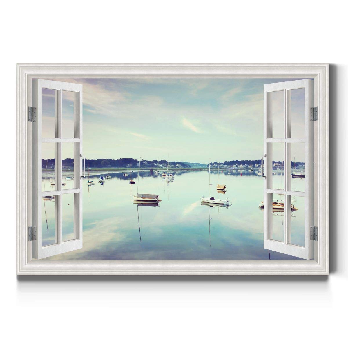 Renditions Gallery Nature Canvas Wall Art Home Paintings Artwork Window View Calm Blue Ocean Boats Rustic Modern Wall Hanging De