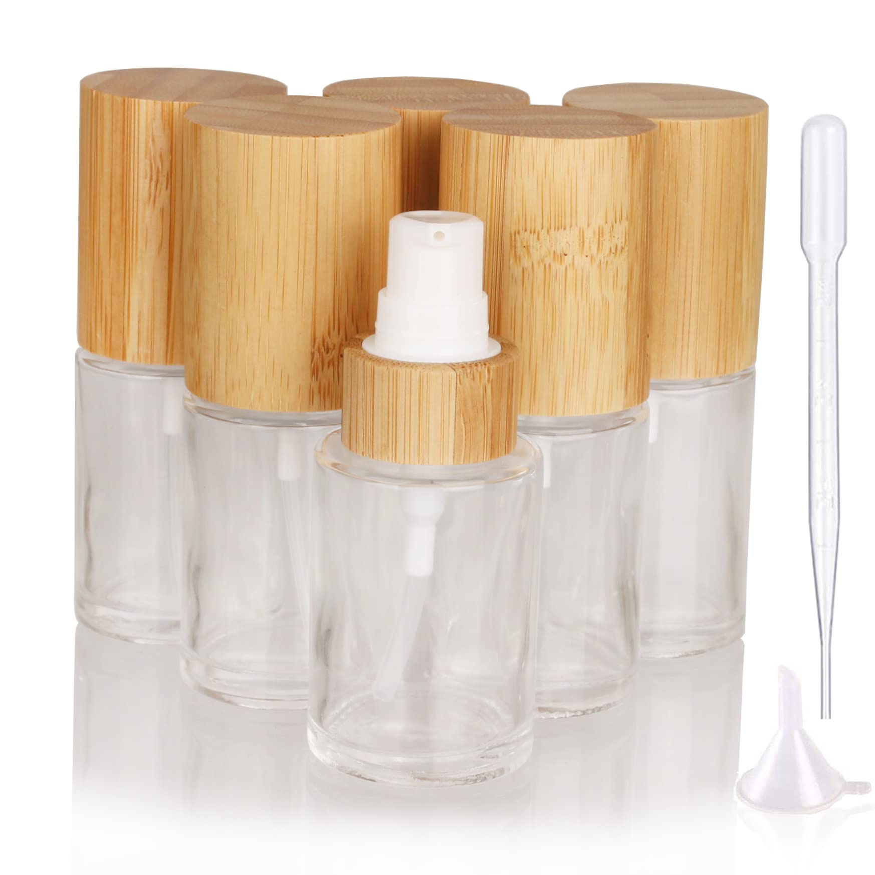 Cosidea 6 Pcs Empty 1Oz / 30Ml Bamboo Lids Clear Glass Bottle With Lotion Pump Dispenser, Refillable Emulsion Cosmetic Cream Bot