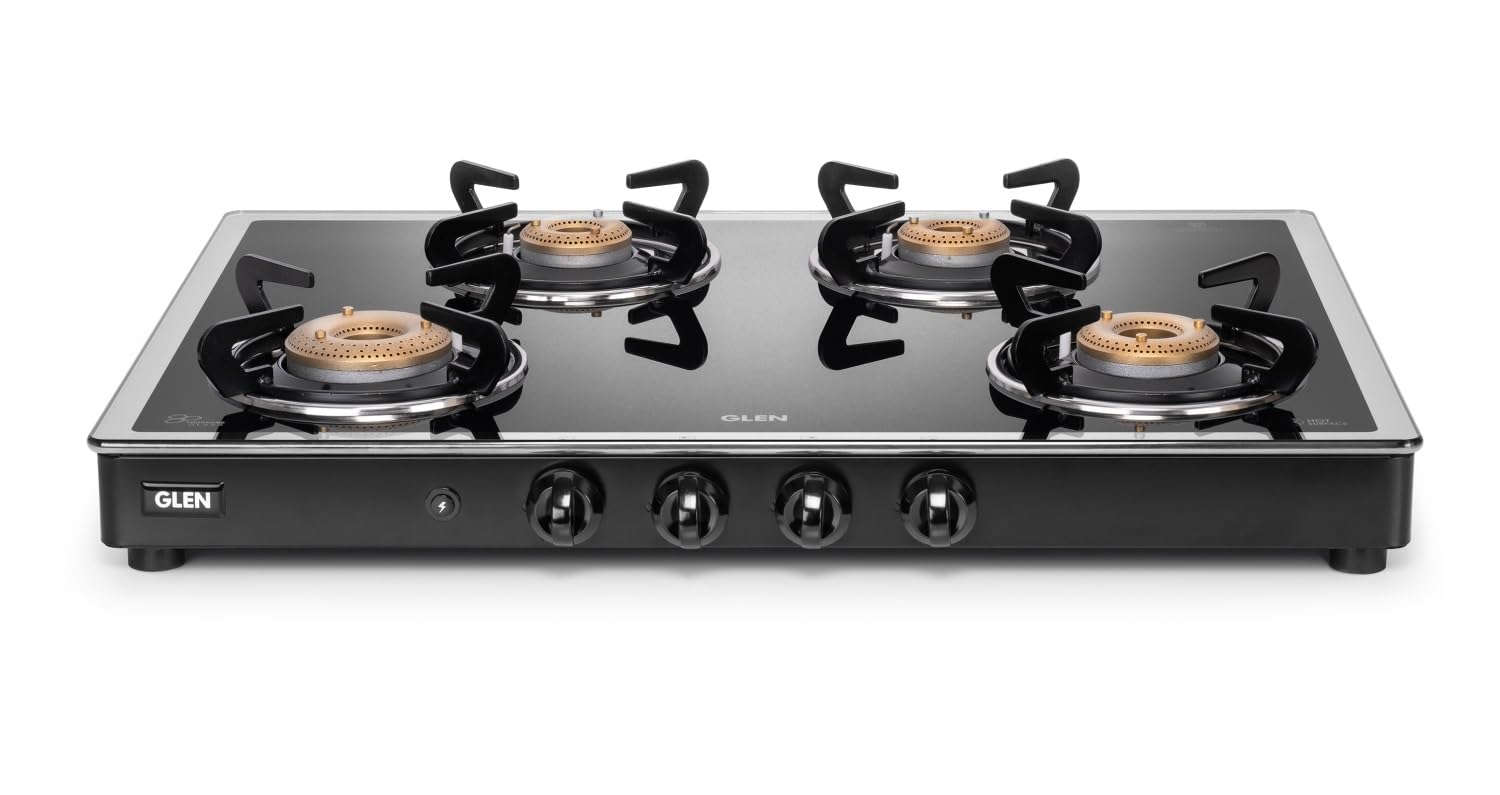 Glen Apex Lpg Gas Stove 4 Burner Auto Ignition 70 Cm | Mirror Finished Glass Top | 1 Jumbo, 1 Medium & 2 Small Forged Brass Burn