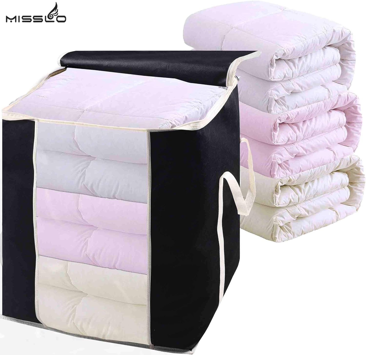 MISSLO King Comforters Storage Bag 120L for Blankets Clothes Sweaters Beddings Organizer with Reinfored Handles Non-Metal Fabric