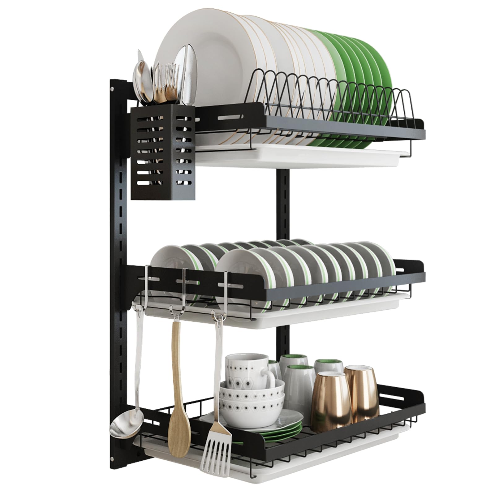 Junyuan Hanging Dish Drying Rack Wall Mount,Dish Racks Drainer,3 Tier Kitchen Plate Organizer Storage Shelf With Drain Tray With