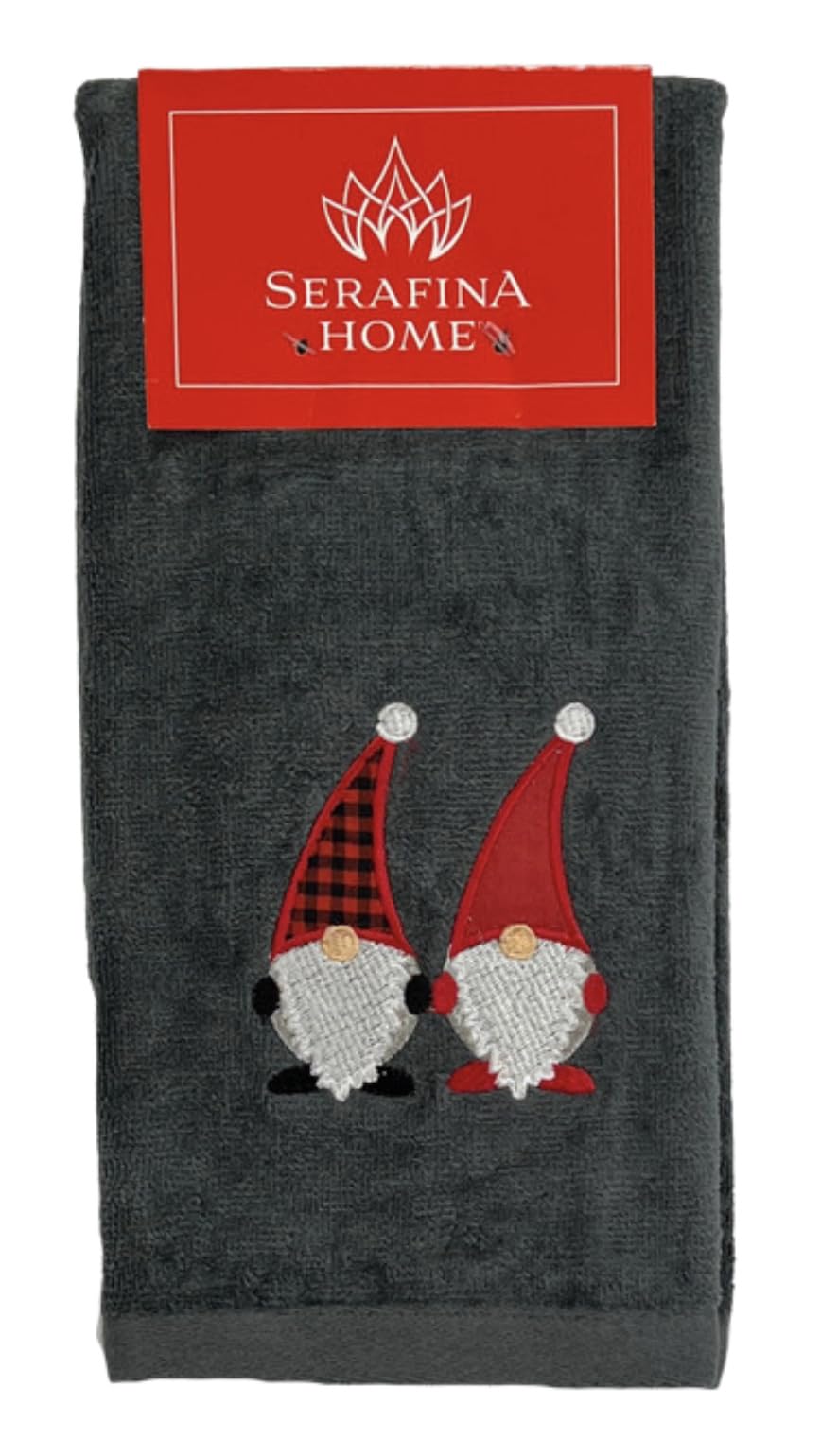 Christmas Gnomes Towel Set: Dark Grey Hand Towels With Red White Embroidery Jolly Nordic Gnome, Set Of 2