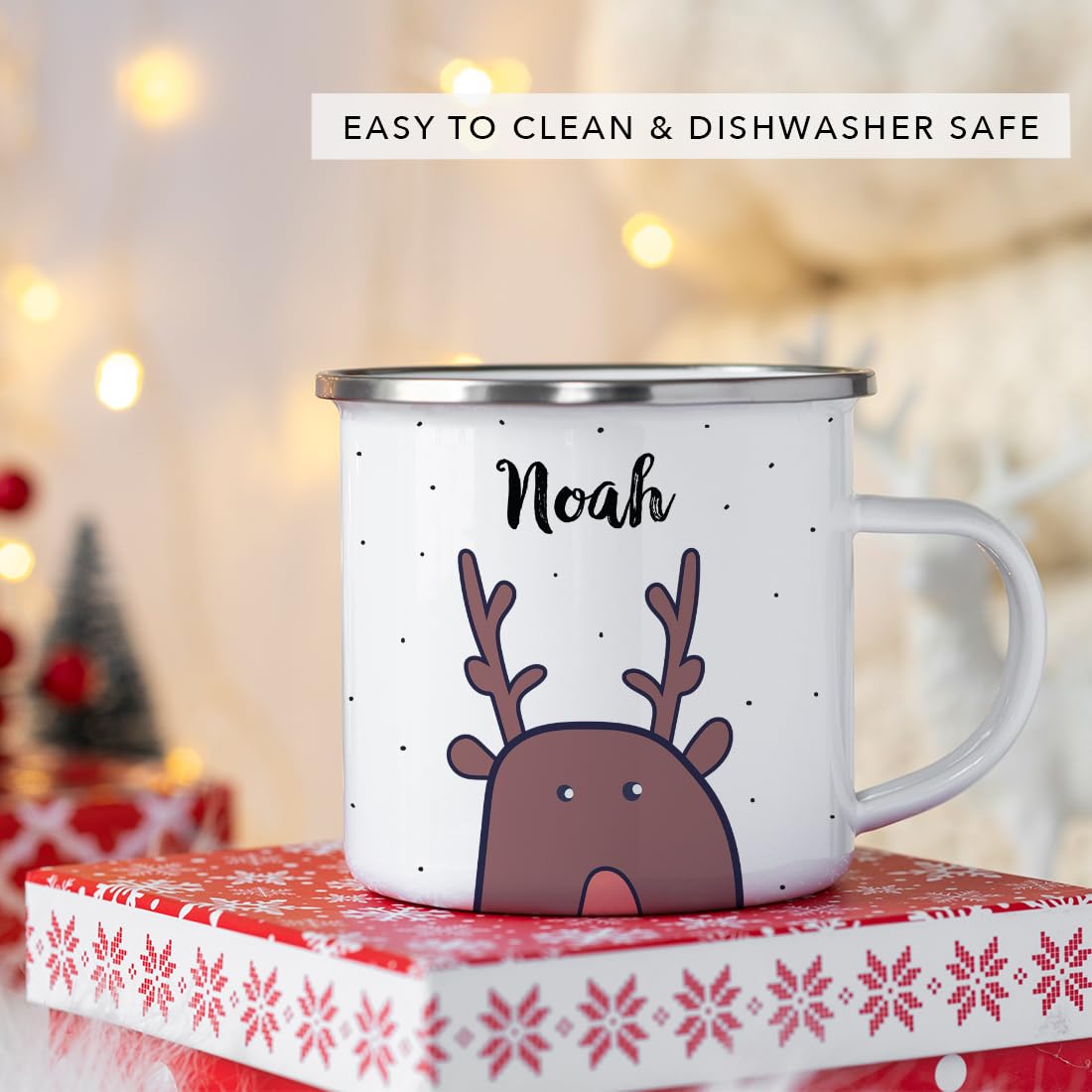 Andaz Press Personalized 11Oz. Christmas Hot Chocolate Stainless Steel Campfire Coffee Mug Gift, Reindeer, 1-Pack, Custom Name E