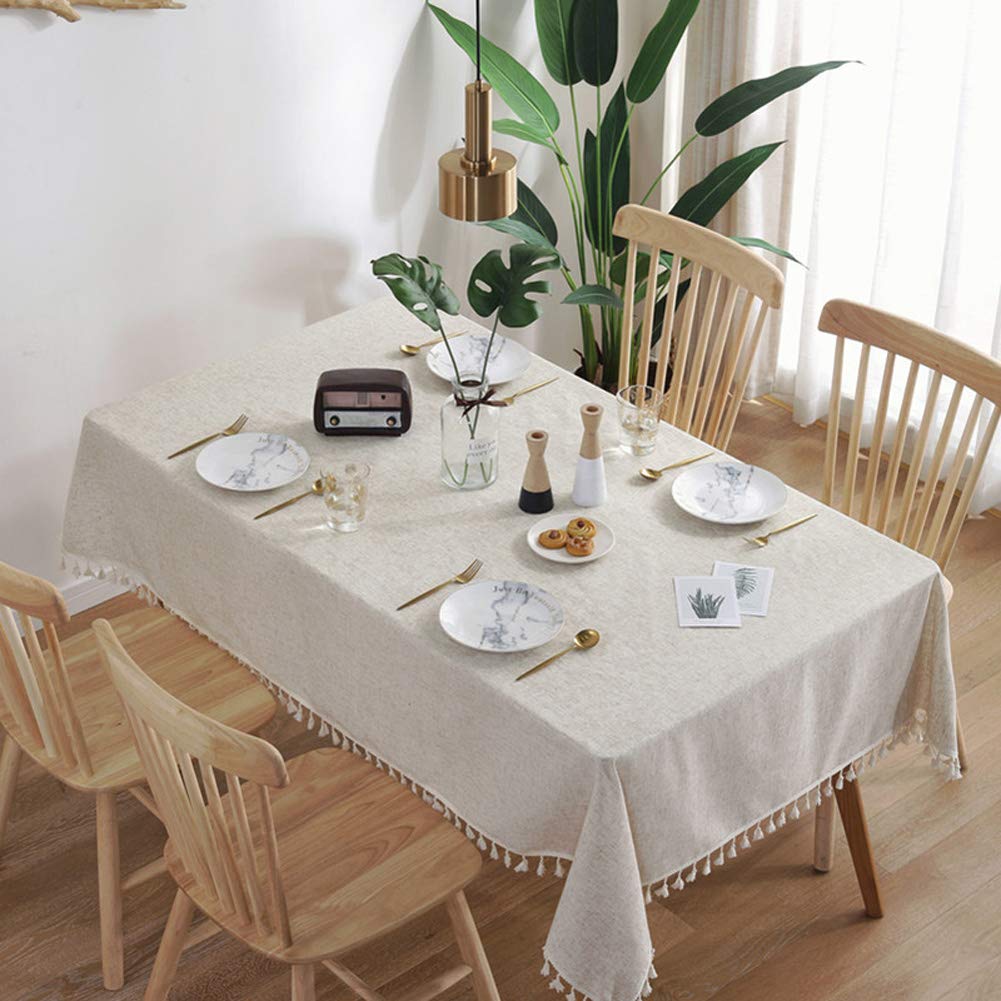 AMZALI Washable Cotton Linen Tablecloths Fabric Tassel Tablecloth Dust-Proof Table Cover for Kitchen Dinning Tabletop Home Decoration Everyday Use (Rectangle/Oblong  55 x 102 Inch  Linen)