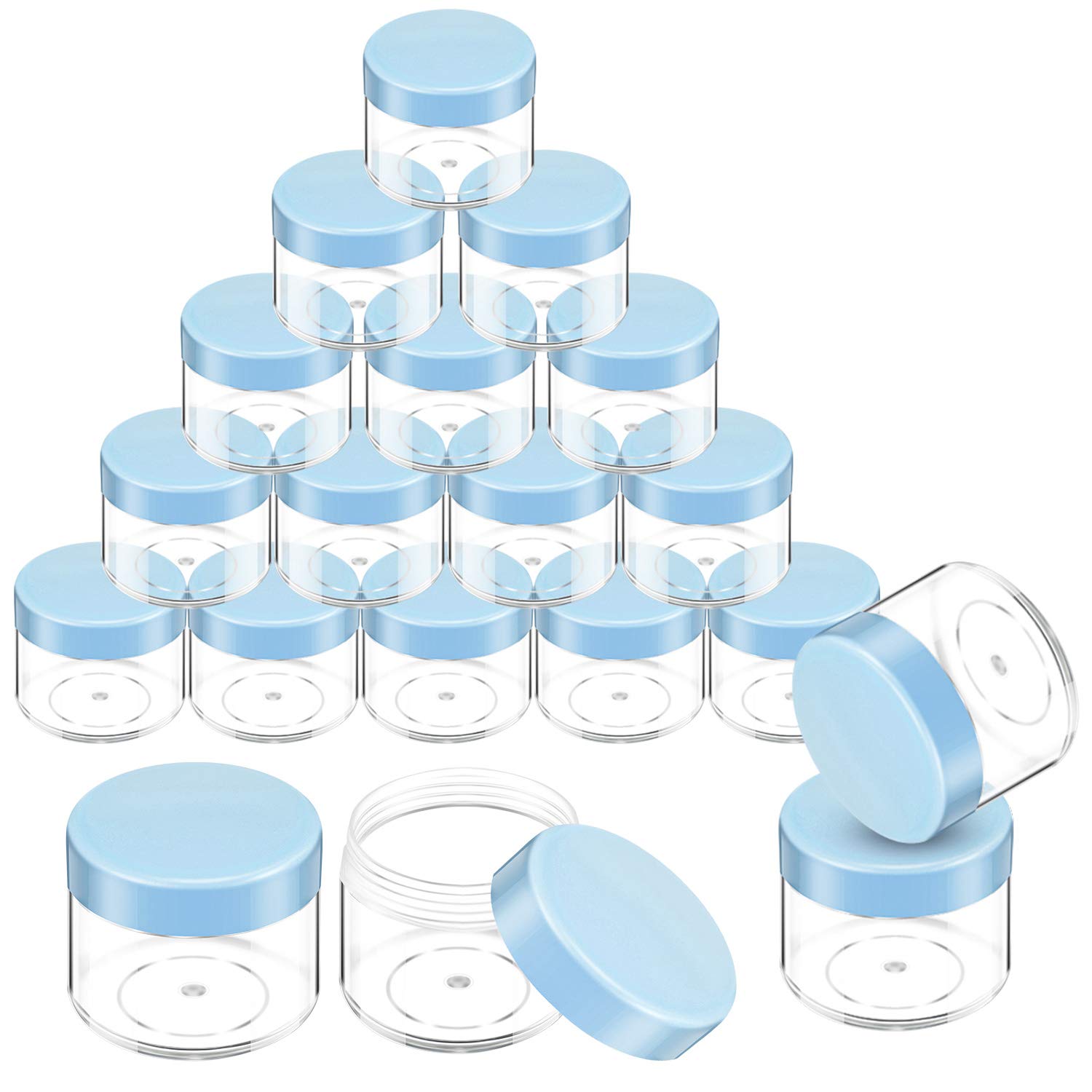20 Pieces Round Pot Jars Plastic Cosmetic Containers Set With Lid For Liquid Creams Sample, 20 Ml/ 0.7 Oz (Blue Lid)
