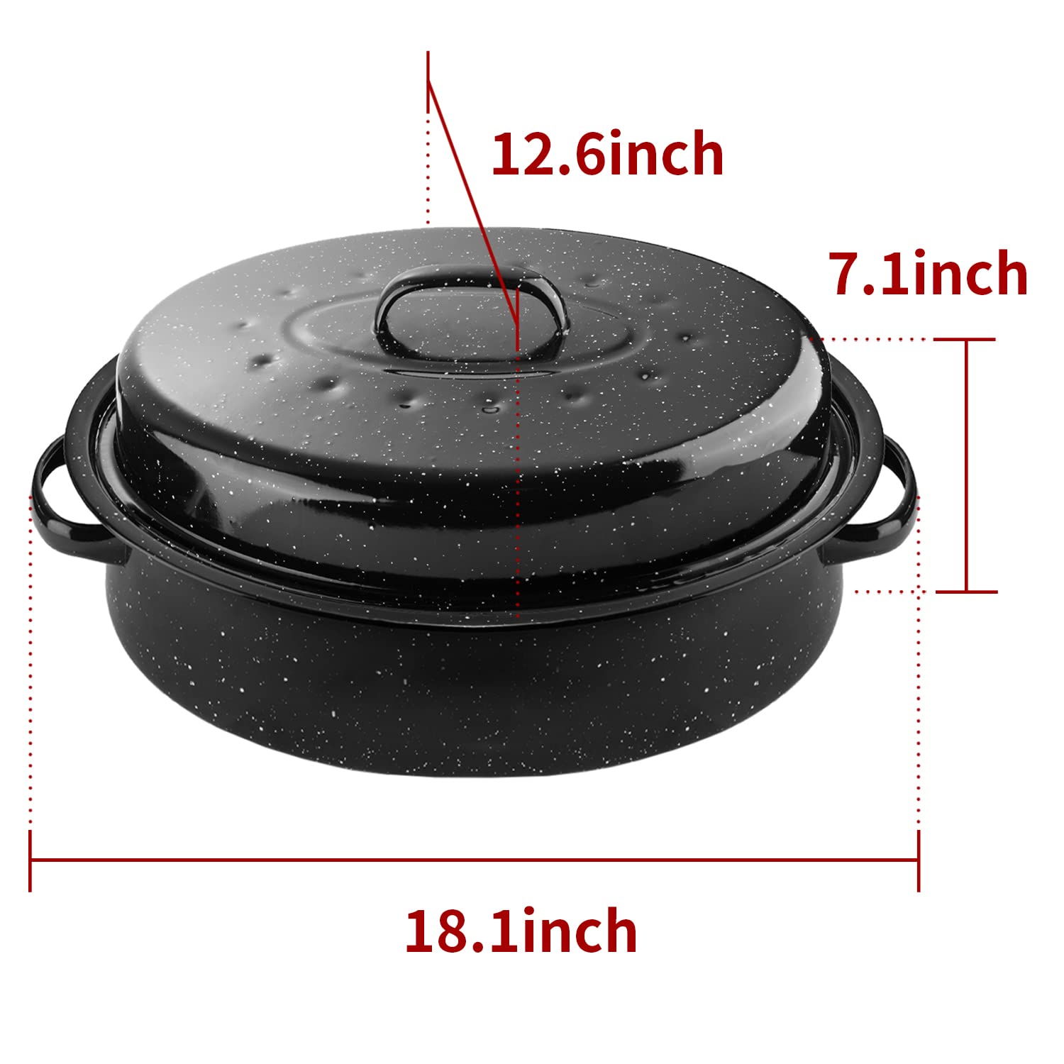 Dimeshy 18Inch Roasting Pan, Enamel On Steel, Black Covered Oval Roaster Pan With Lid, Large Cookware For Turkey, Small Chicken,