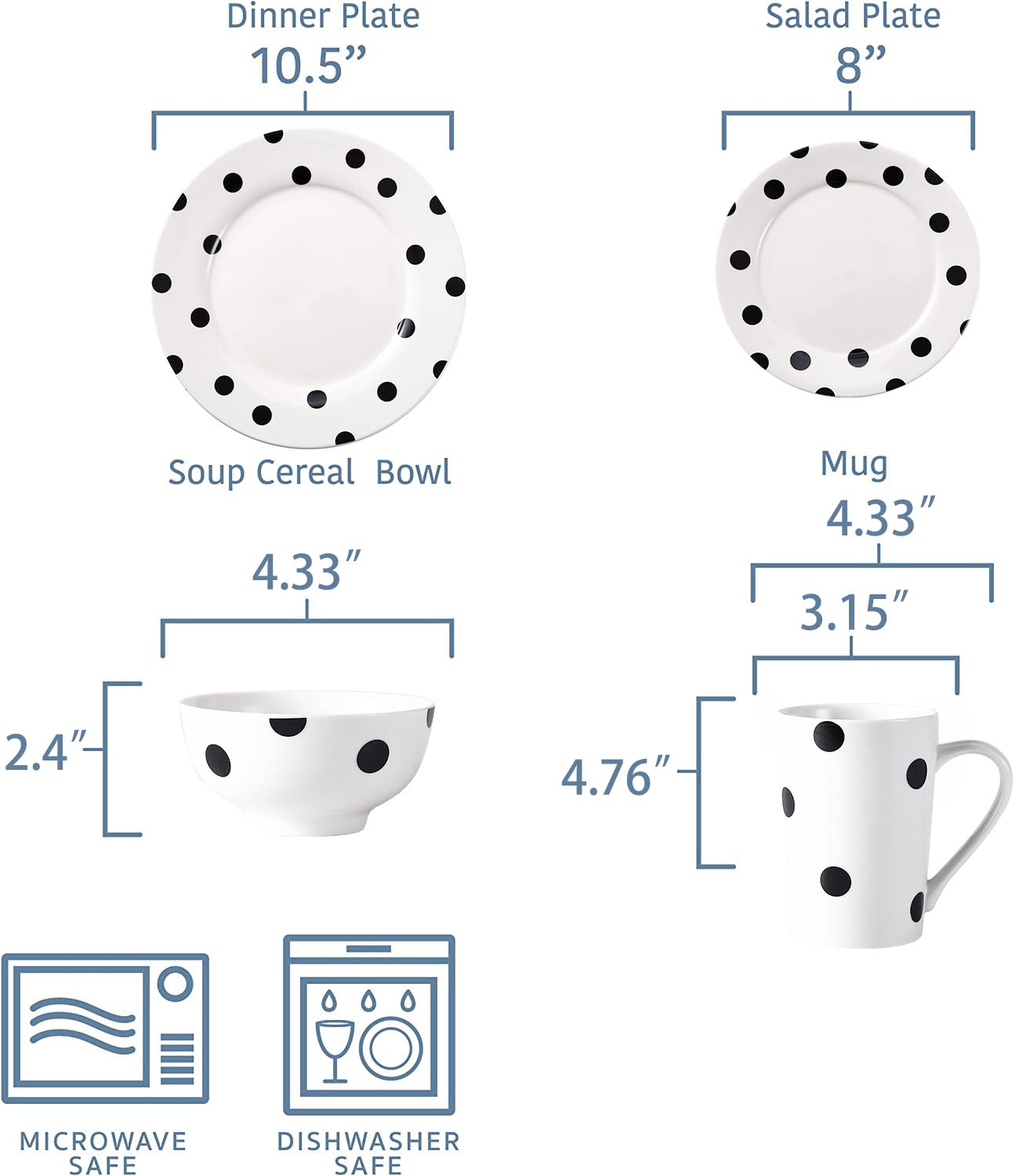 Loymokinar White Porcelain Dinnerware Sets 16-Piece Service for 4,Dishes, Round Plates, Bowls, Mugs Dish Set,Black and White Dis