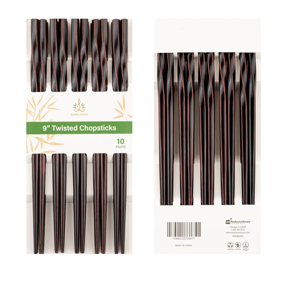 Restaurantware Bambuddha 9 Inch To Go Chopsticks 10 Durable Bamboo Chopsticks - Twisted Design Dark Brown Bamboo Premium Chopsti