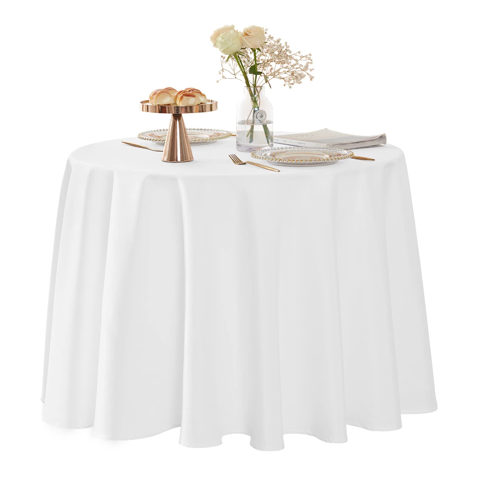 Emart White Table Cloth Round (6 Pack) 100% Polyester Reusable 132 Inch Table Cover For Dinning, Kitchen, Picnic,Wedding And Bir