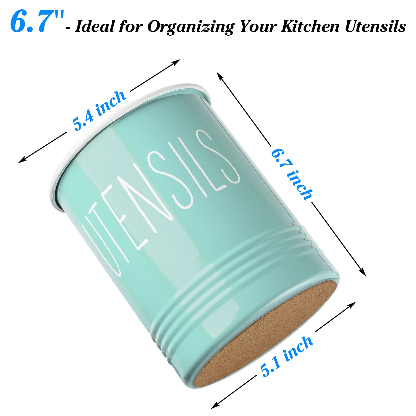 Teal Kitchen Utensil Holder, 6.7'' Utensil Holder For Kitchen Counter, Cooking Utensil Crock With Cork Bottom, Turquoise Kitchen