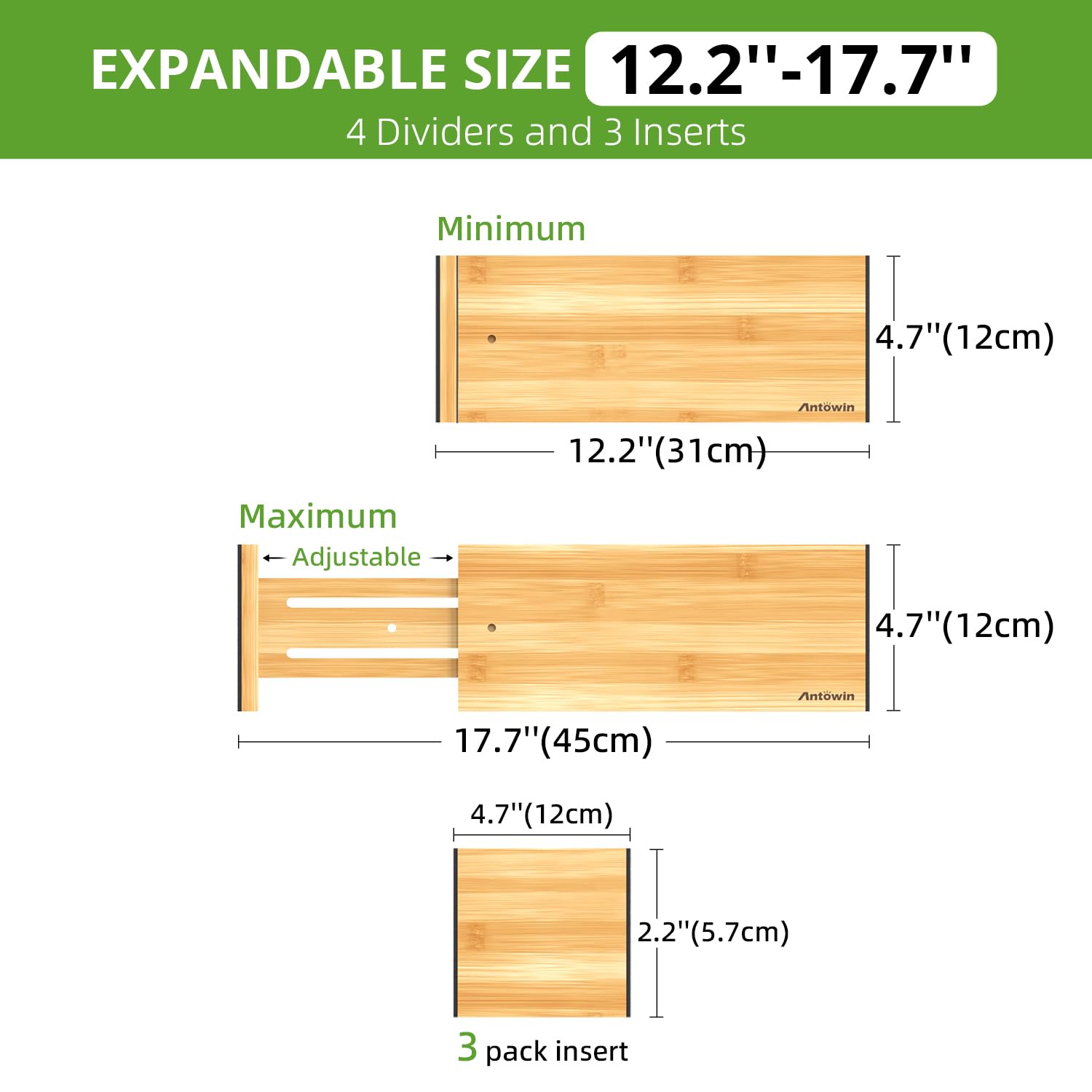 ANTOWIN 4 Pack Expandable Drawer Dividers, 4.7'' High, Extend from 12.2'' to 17.7'', Dresser Drawer Organizers, Bamboo Separator