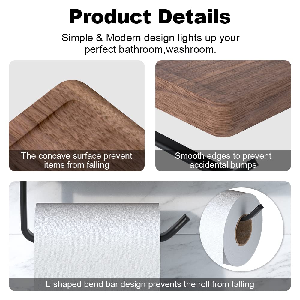 Iurrdop Toilet Paper Holder With Black Walnut Wood Shelf, Wall Mounted & Adhesive Mounted Wooden Shelf For Hanging Roll Tissue,