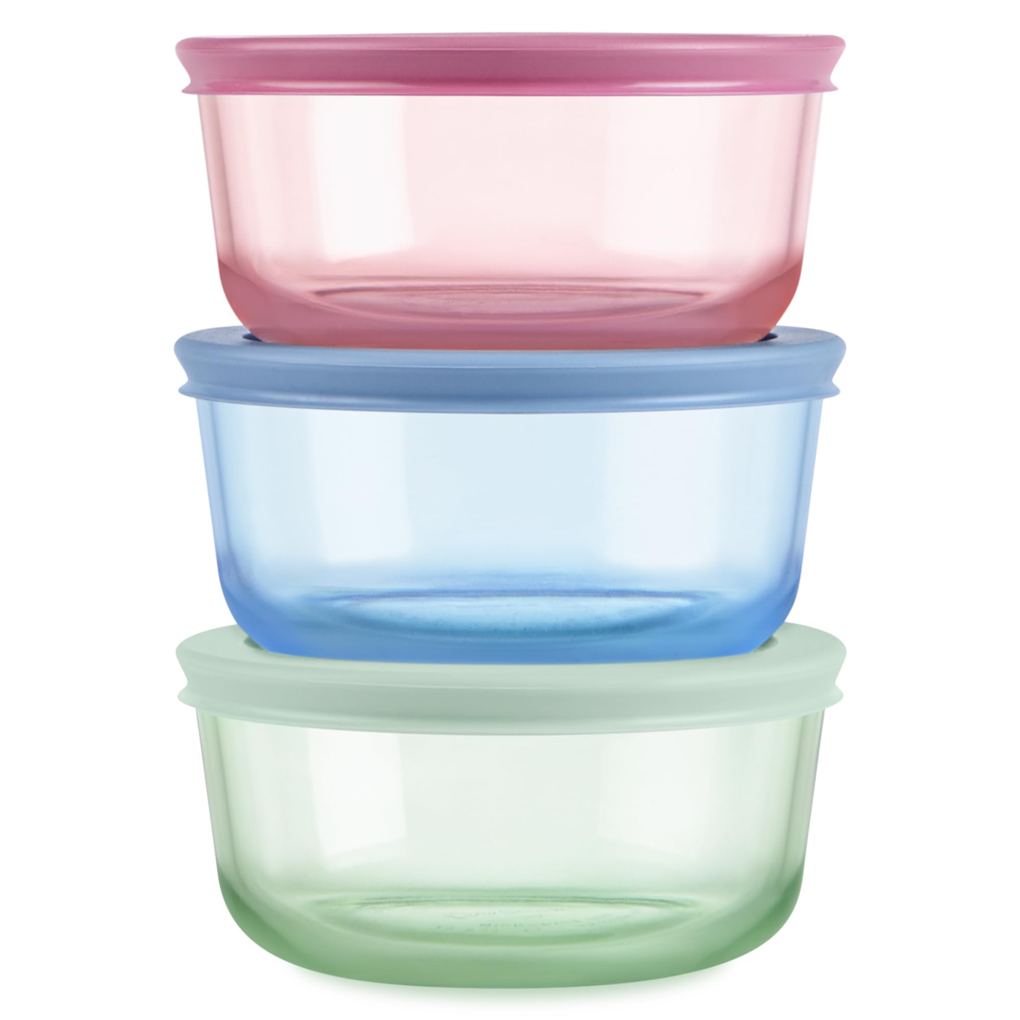 Pyrex Colors (3-Pack, Medium) Tinted Glass Round Food Storage Container Set, Snug Fit Non-Toxic Plastic BPA-Free Lids, Freezer D