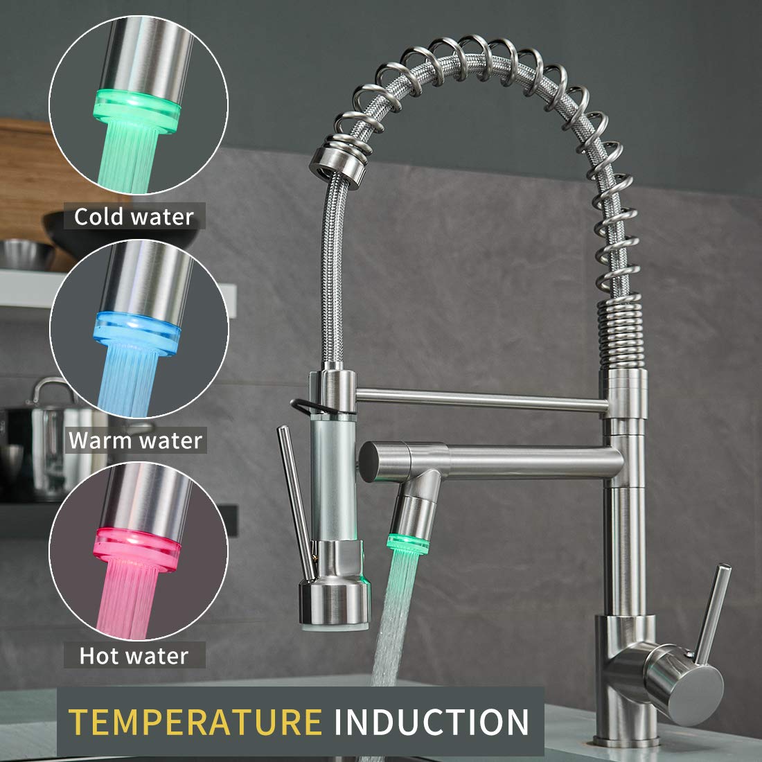 AIMADI Commercial Pull Down Kitchen Faucet Sprayer with LED Light Brushed Nickel