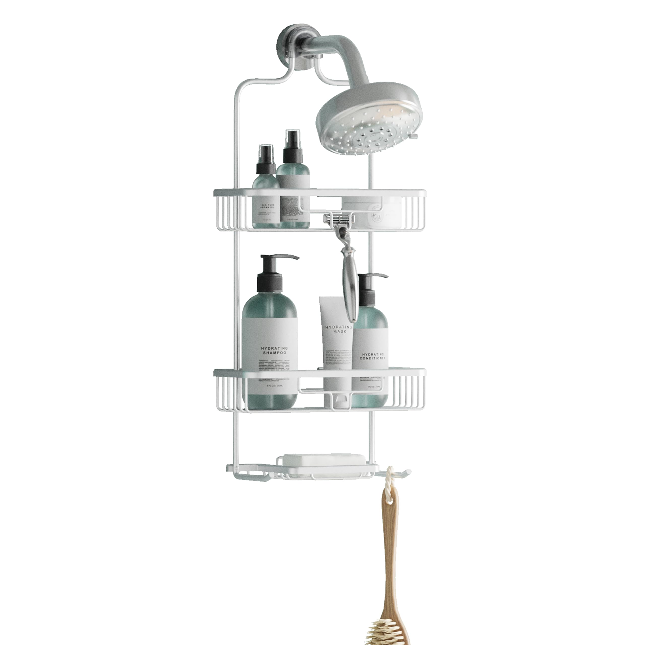 Zenna Home Hanging Shower Caddy  Over the Shower Head Bathroom Storage  Rustproof  No Drilling  Bath Organizer with 2 Shelves  Soap Tray  Razor Holders and Hooks  Satin Chrome