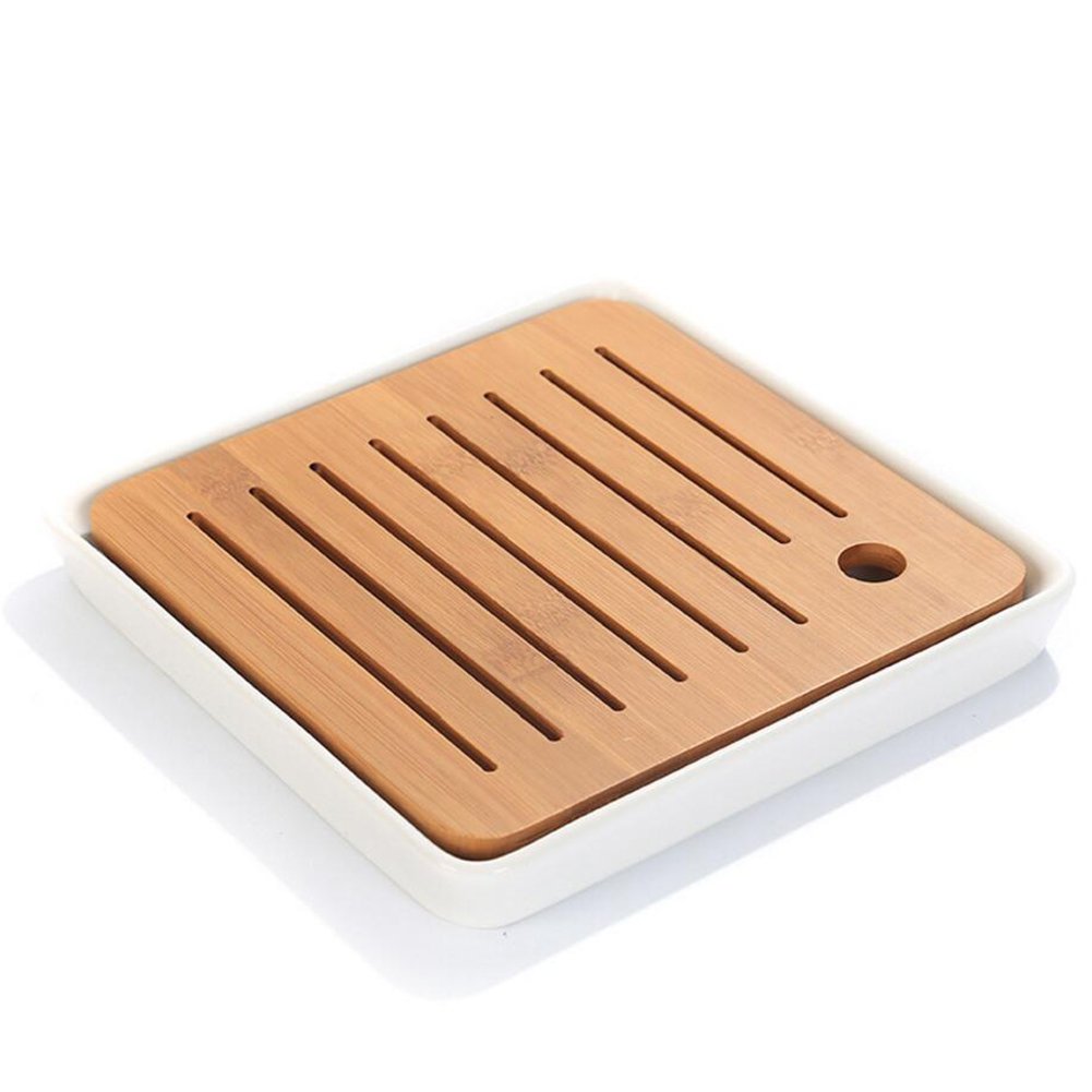 Hoobar Bamboo Kung Fu Tea Tray Table Serving Tray Chinese Style Water Storage (White)