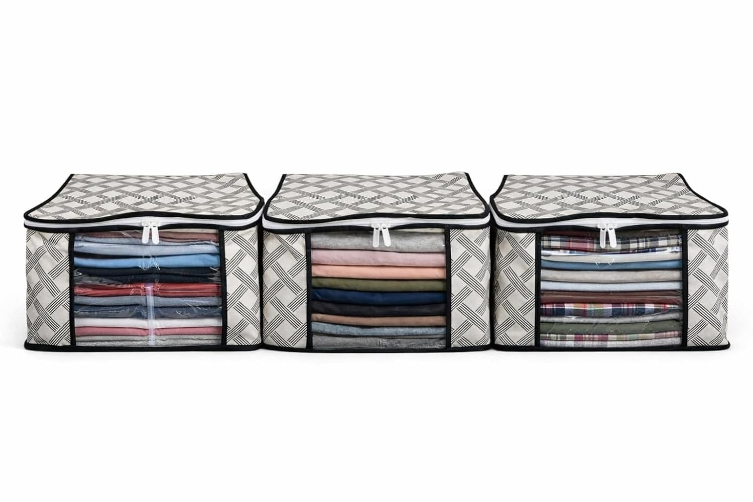 Clothes Storage Organizer Bags With Transparent Front Window And Zip Closure, (Beige & Black, Pack Of 3)