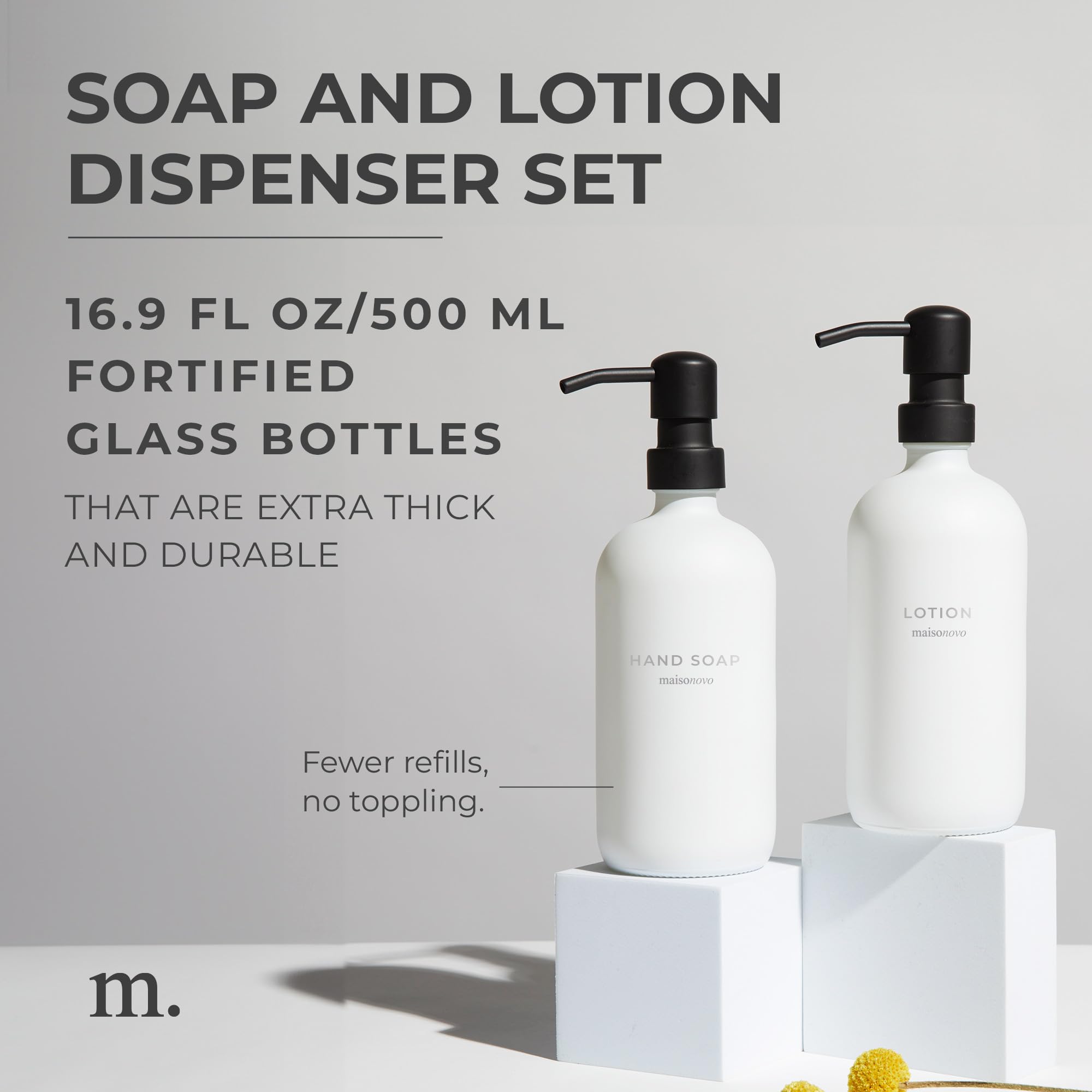 Maisonovo Bathroom Soap And Lotion Dispenser Set | 16.9 Fl Oz White Glass Black Pumps X 2