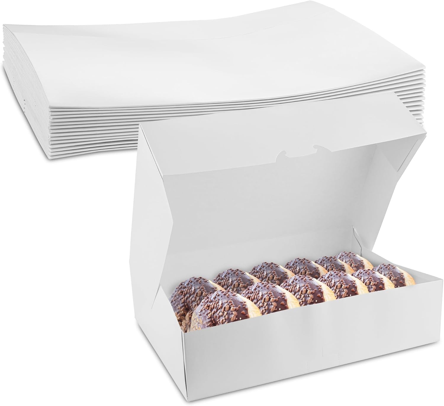 MT Products White Bakery Boxes No-Window - Size of 14'' x 10'' x 3.5'' - (15 Pieces) Auto Pop-Up Donut Boxes - Perfect for Pies  Cupcakes  Muffins  and Cookies - Made in the USA