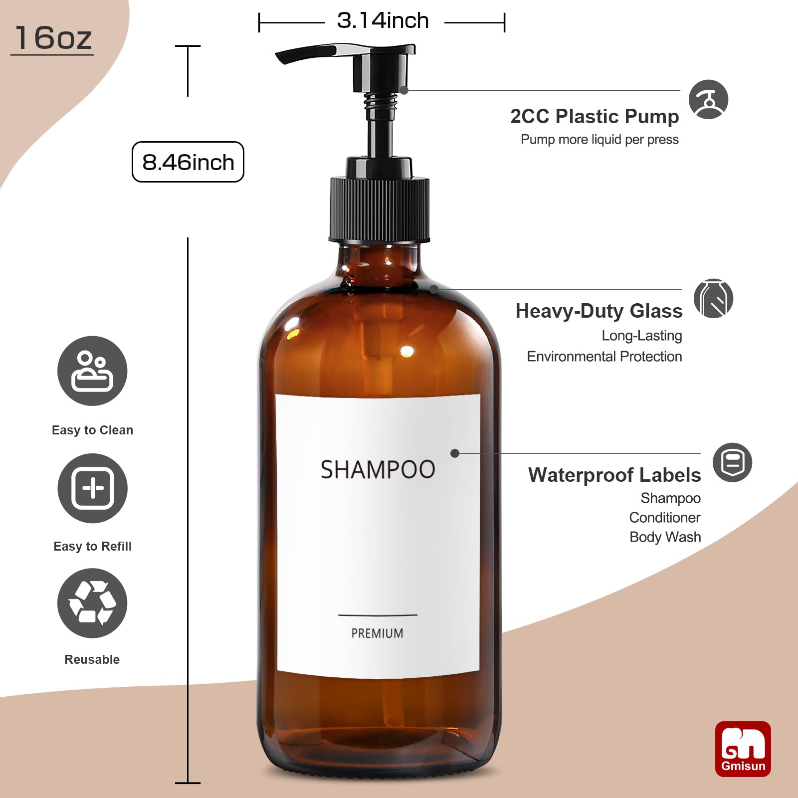 Gmisun Amber Glass Soap Dispenser,16Oz Kitchen Soap Dispenser With Pump, Pump Bottle Dispenser For Bathroom/Kitchen Countertop,