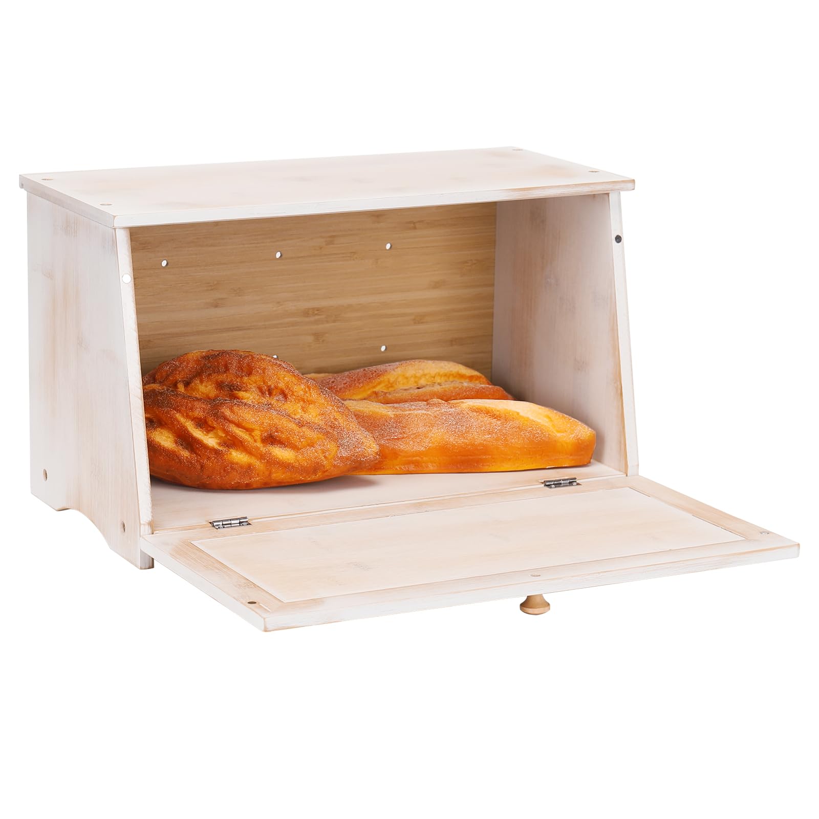 Homekoko Vintage Large Wood Bread Box For Kitchen Counter, Retro Design Single Layer Bamboo Large Capacity Food Storage Bin (Whi
