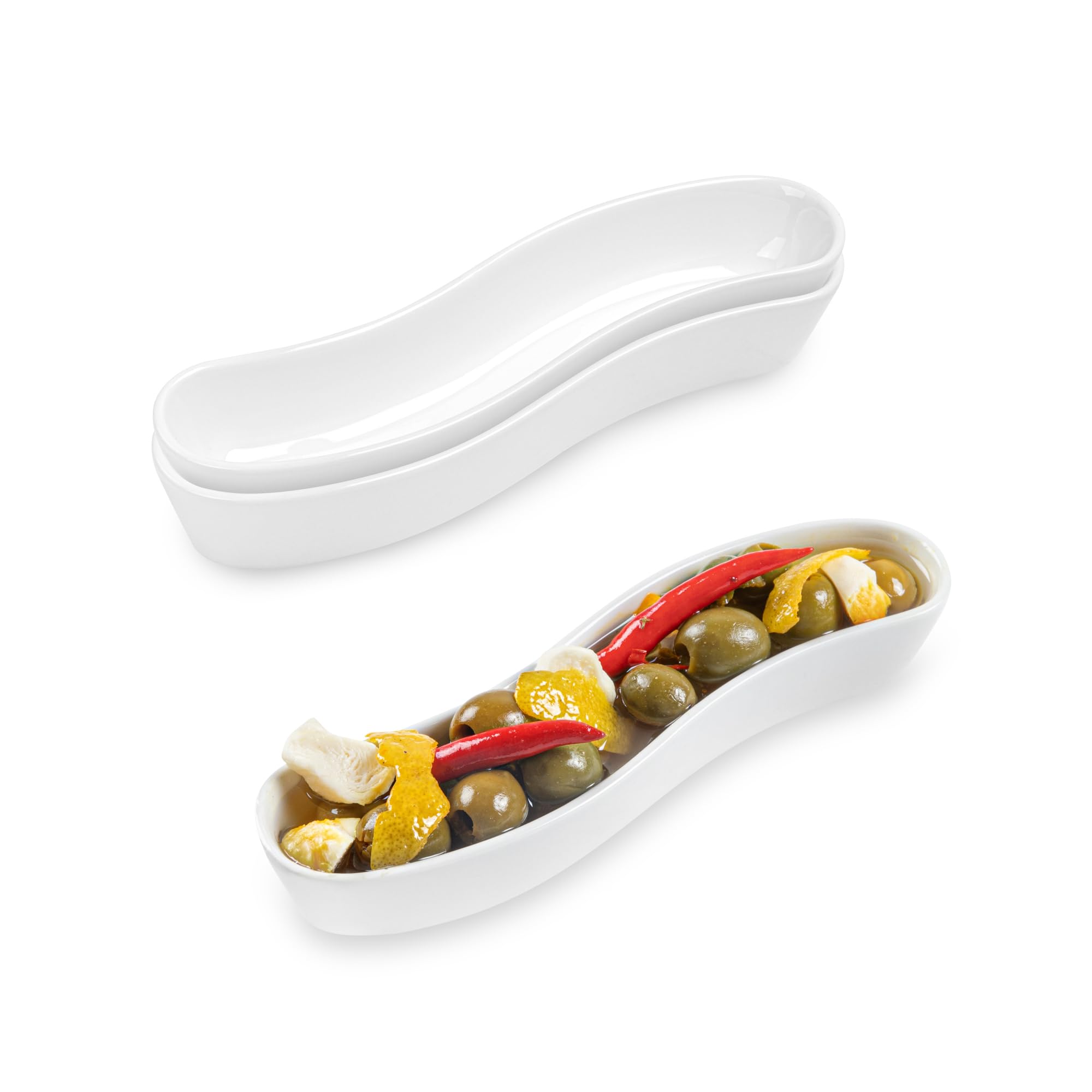 Swerve 6 Ounce Olive Plate, 1 Curved Olive Tray - Large, Chip Resistant, White Porcelain Olive Canoe, Dishwasher Safe, For Snack