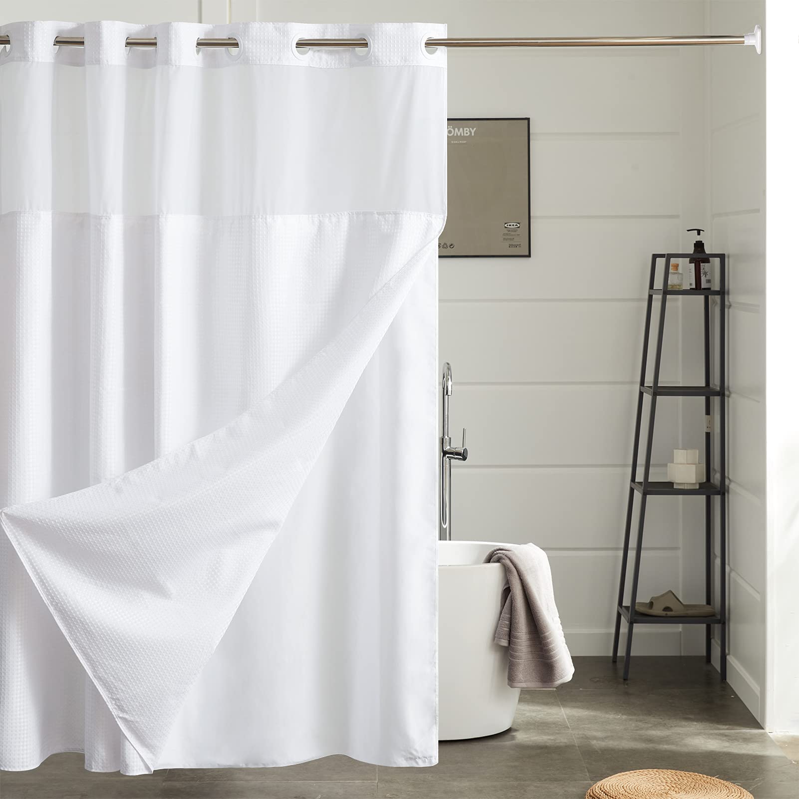 Furlinic Waffle Weave No Hook Shower Curtain With Snap In Fabric Liner Set,Heavy Duty Textured Bathroom Curtain With See Through