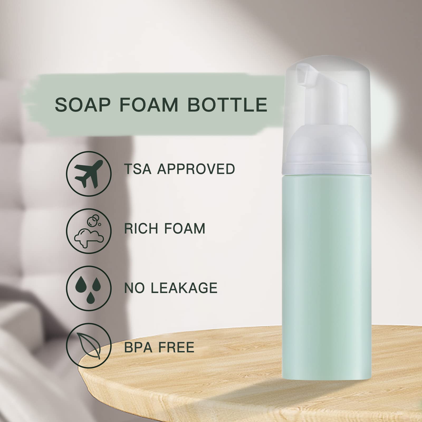 Tekson 3 Pcs Soap Foam Bottle (2 Oz), Empty Travel Foaming Lash Shampoo For Cleanser, Dispenser (Green)