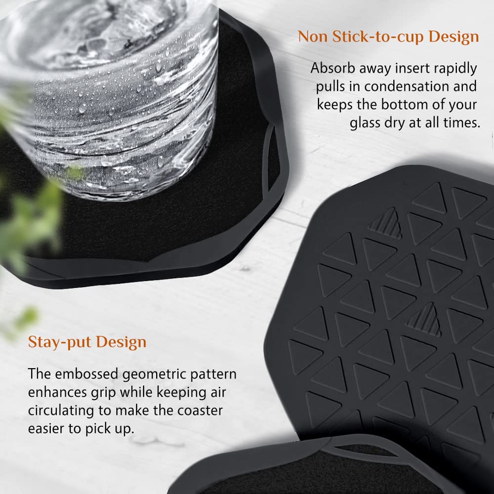 UMIRRO Absorbent Coasters for Drinks with Holder  Black Silicone Coasters with Soft Felt Inserts for Wooden Coffee Table  Cool Modern Cup Mats for Tabletop Protection  Set of 6