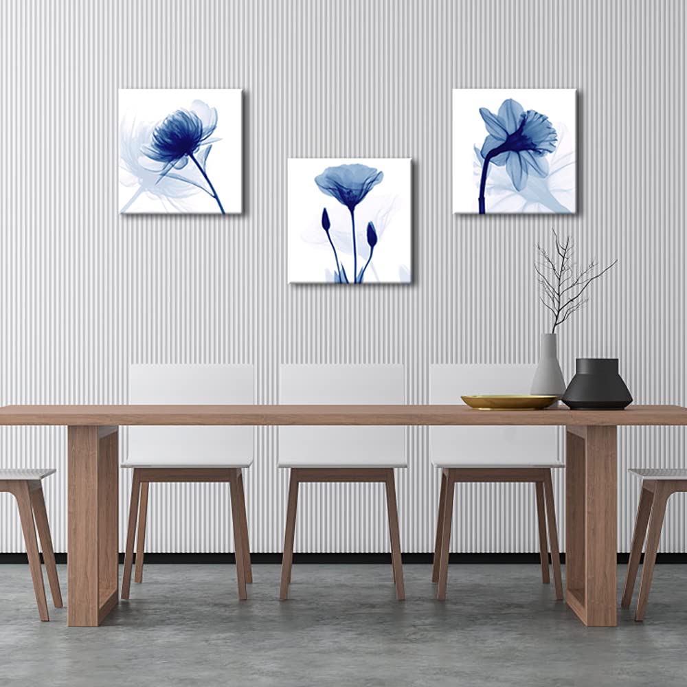 Wieco Art Blue Abstract Flowers 3 Panels Canvas Prints Wall Art Modern Pictures Artwork For Living Room Bedroom And Home Decorat