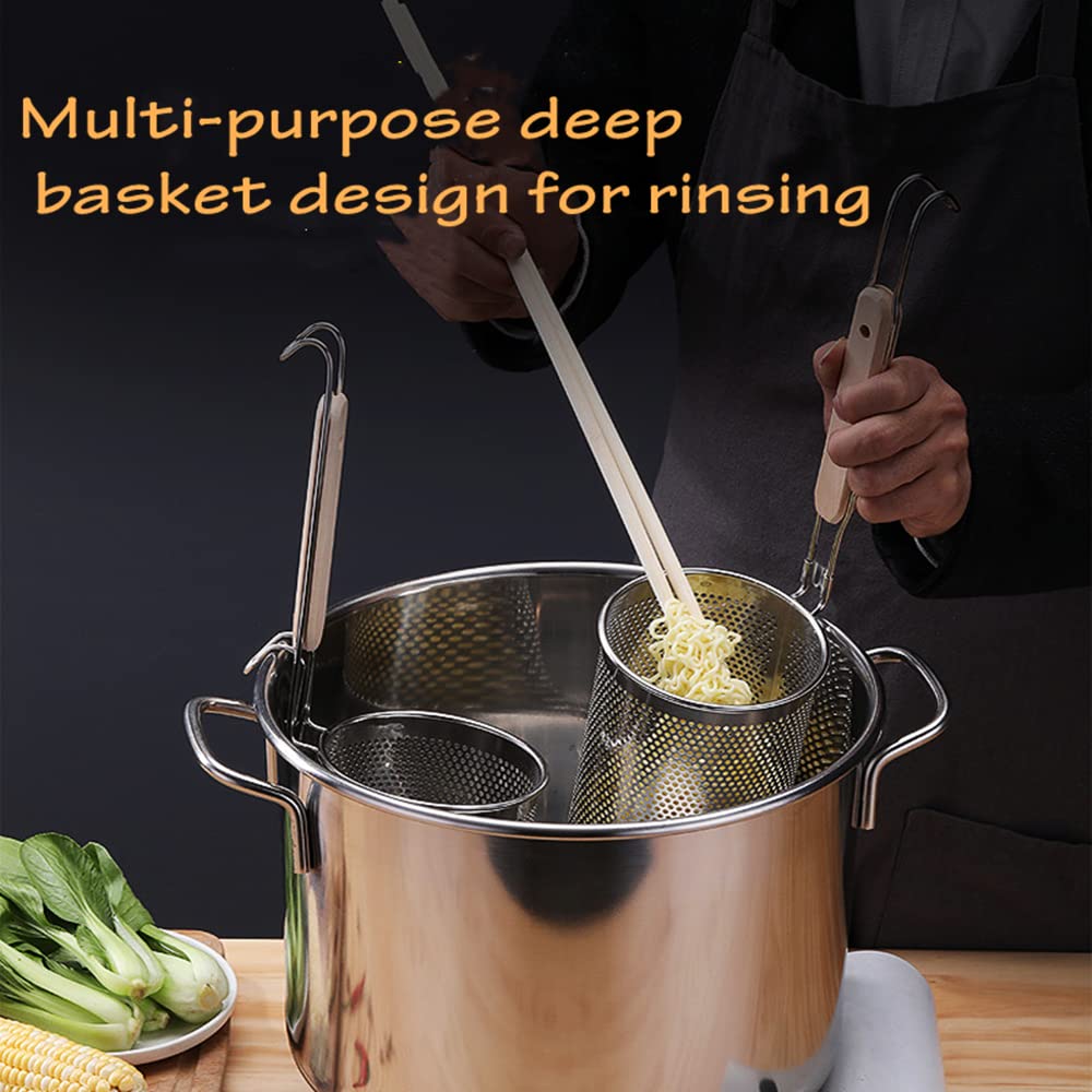 4-Piece Stainless Steel Pasta Basket Set With Wooden Handles - Perfect For Cooking Pasta, Noodles, Dumplings, And More; Mesh Spi