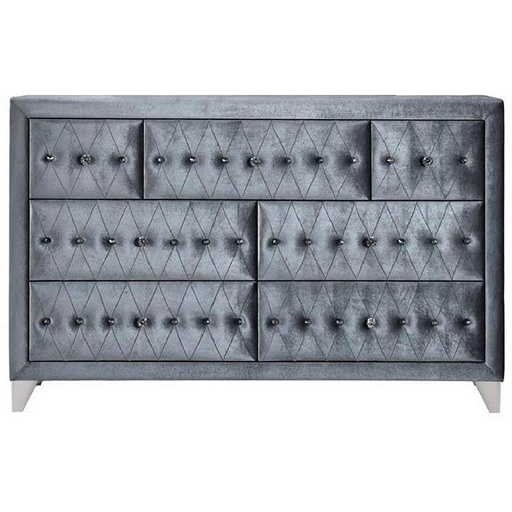 Acme Dante Crystal-Like Knob Velvet Upholstered 7-Drawer Dresser in Blue