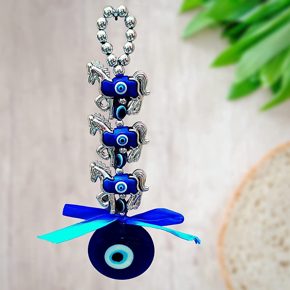 Ripe India Glass Feng Shui 3 Horse Evil Eye Wall and Car Hanging (Blue 5 Cm X 5 Cm X 18 Cm
