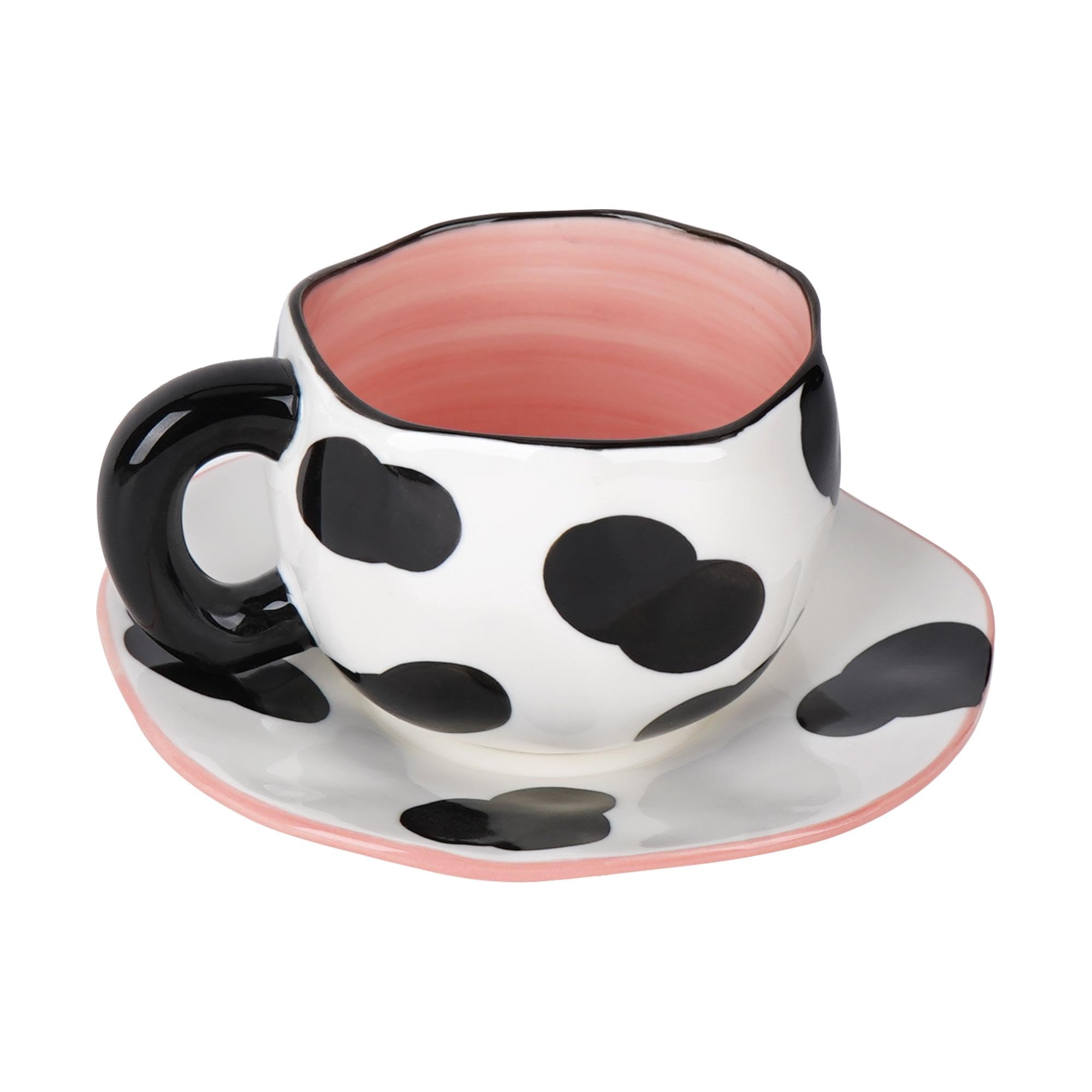DODAMOUR Cow Print Coffee Mug with Saucer  10oz Chunky Handle Ceramic Tea Cup, Cute Irregular Aesthetic Pottery for Latte Cappu
